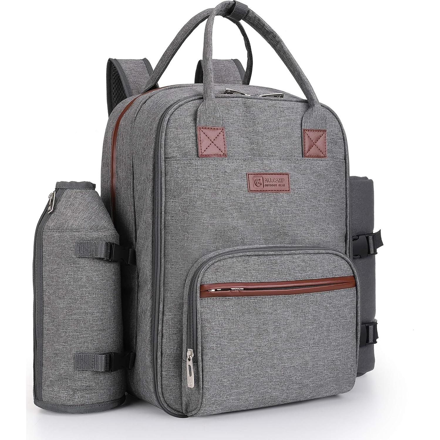 ALLCAMP OUTDOOR GEAR Picnic Backpack for 4 Person W/ Detachable Wine Holder, Insulated Food Compartment and Picnic Cutlery for Family Outdoor Camping and Gift (Grey)