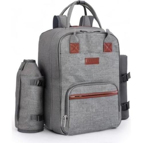 ALLCAMP OUTDOOR GEAR Picnic Backpack for 4 Person W/ Detachable Wine Holder, Insulated Food Compartment and Picnic Cutlery for Family Outdoor Camping and Gift (Grey)