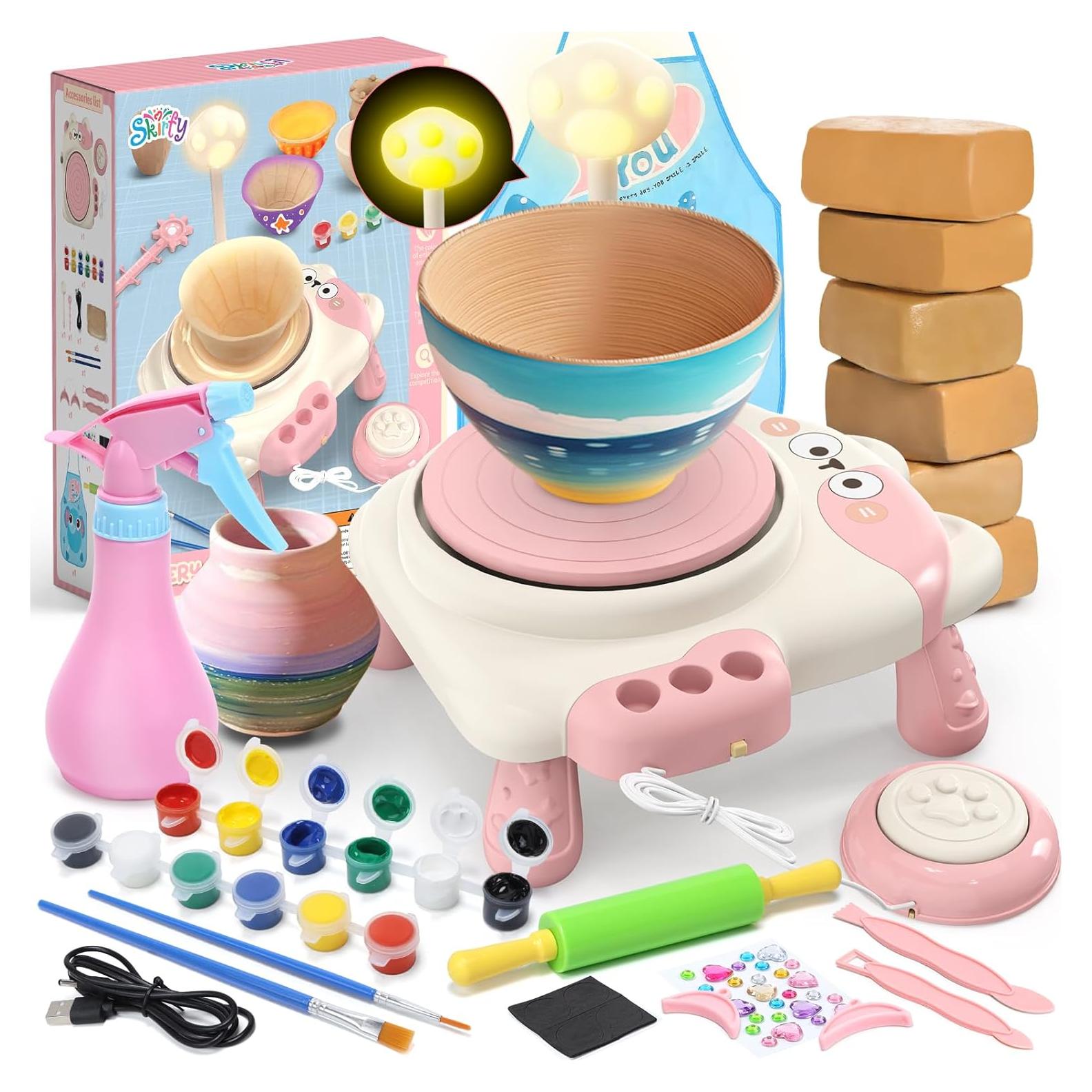 Rueda de Alfarería Skirfy Rosa para Niños 6-12 Años con Kit de Pintura