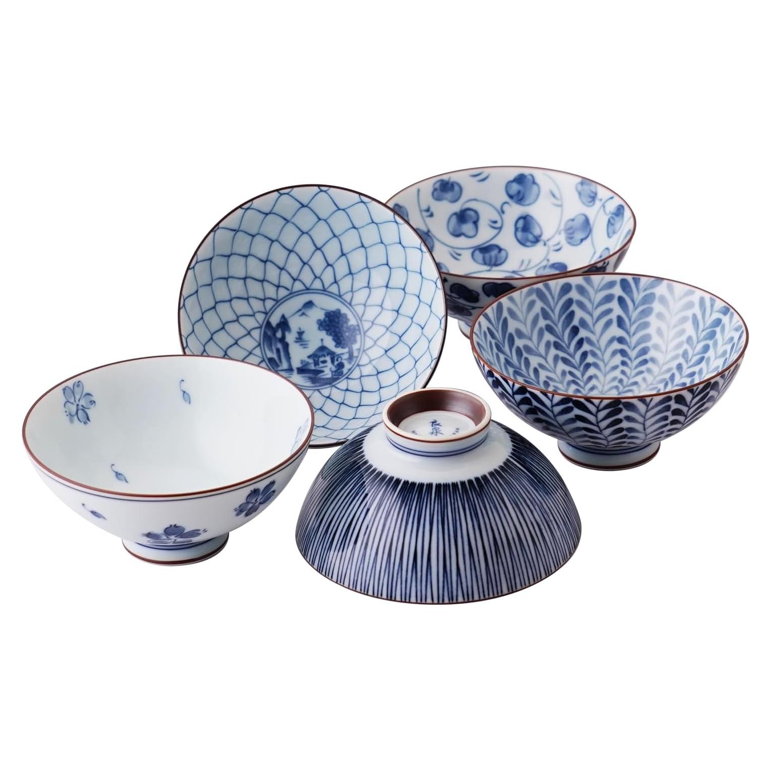 Juego de 5 Cuencos de Cerámica Japonesa Mino Ware - Azul y Blanco