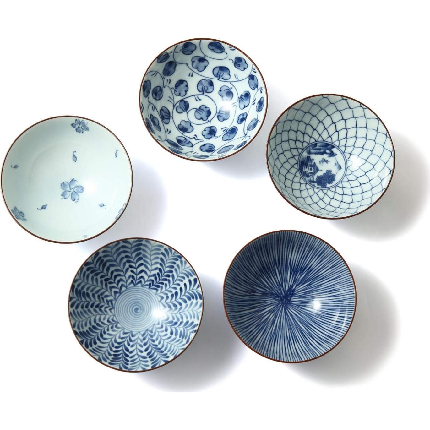 Juego de 5 Cuencos de Cerámica Japonesa Mino Ware - Azul y Blanco