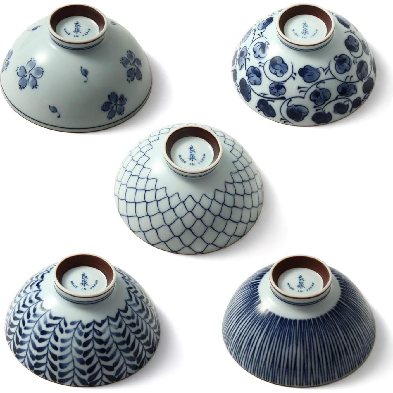 Juego de 5 Cuencos de Cerámica Japonesa Mino Ware - Azul y Blanco