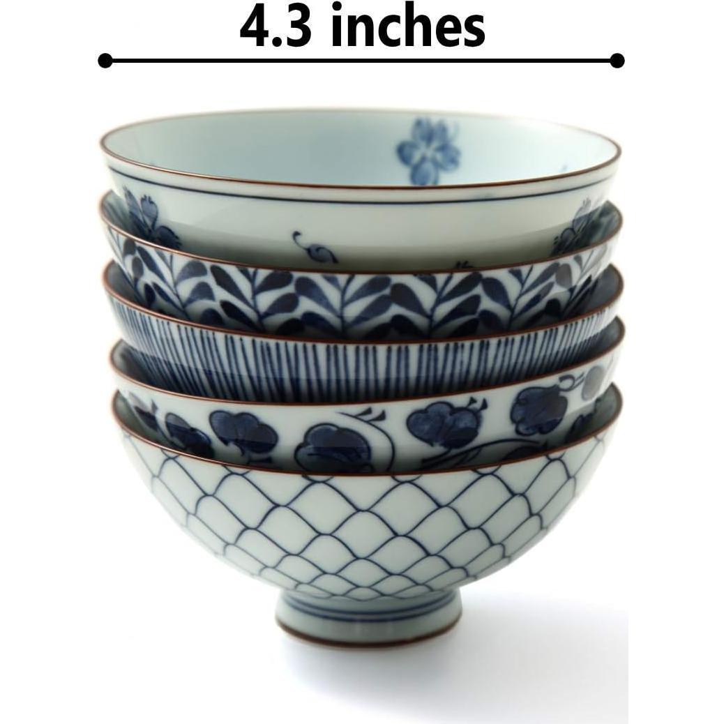 Juego de 5 Cuencos de Cerámica Japonesa Mino Ware - Azul y Blanco
