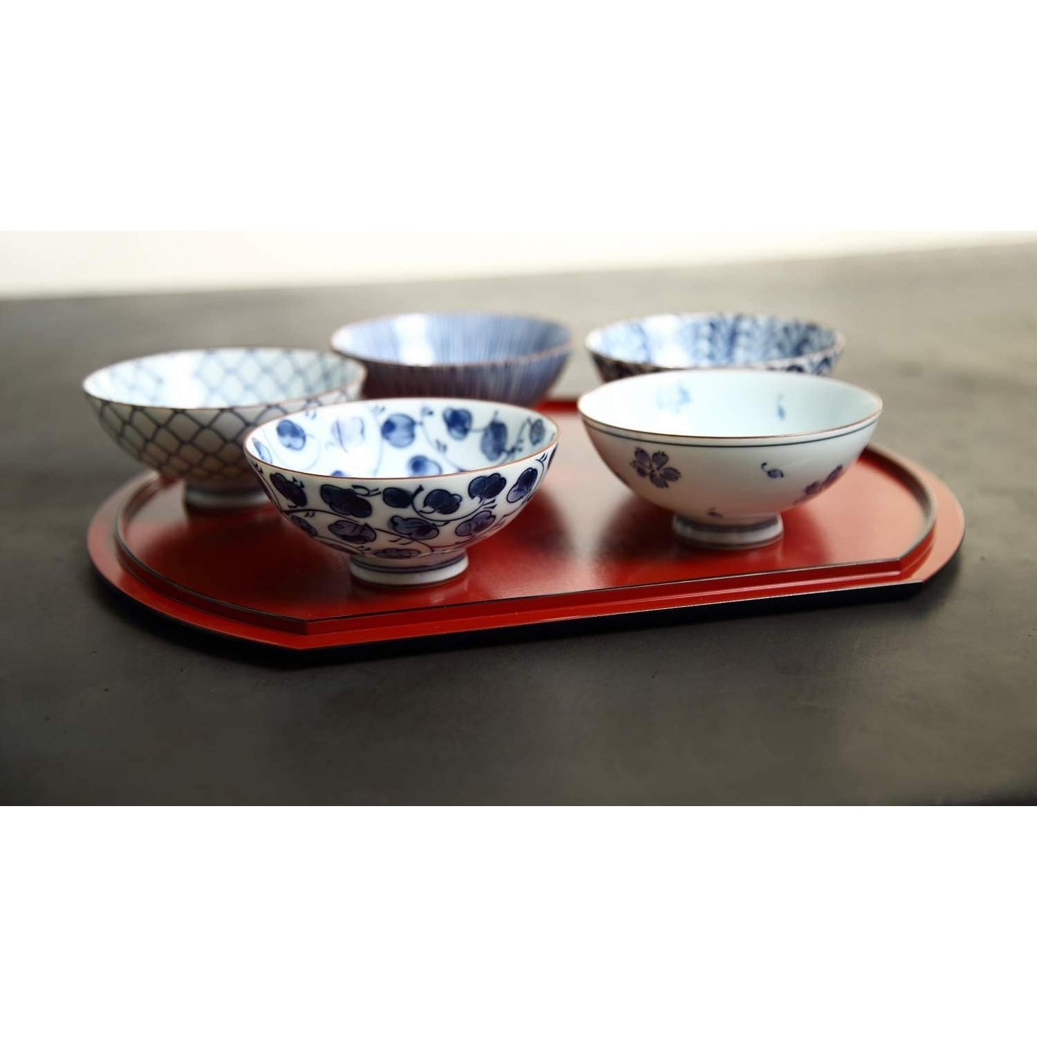 Juego de 5 Cuencos de Cerámica Japonesa Mino Ware - Azul y Blanco