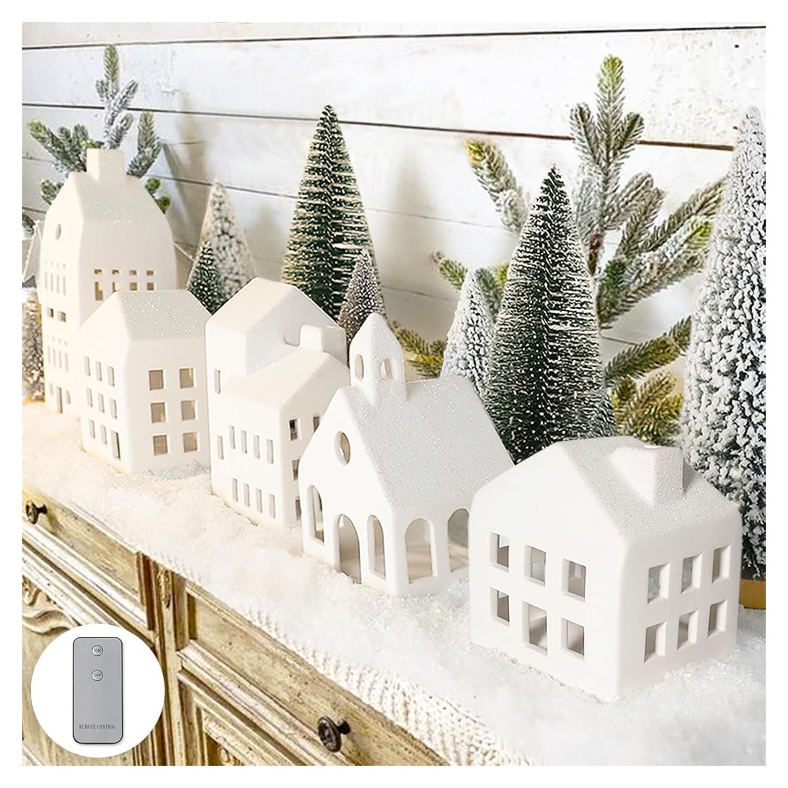 Conjunto de Pueblo Navideño 5 Casas Cerámica Iluminadas Control Remoto