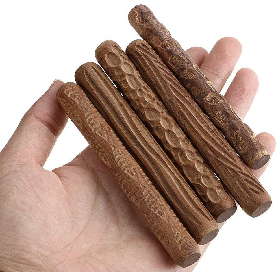 Kit de 5 Rodillos Texturizados de Arcilla OwnMy - Adoquines, Pescado, Hojas, Ondas, Madera