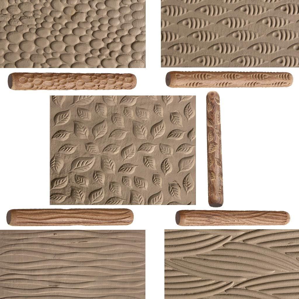 Kit de 5 Rodillos Texturizados de Arcilla OwnMy - Adoquines, Pescado, Hojas, Ondas, Madera