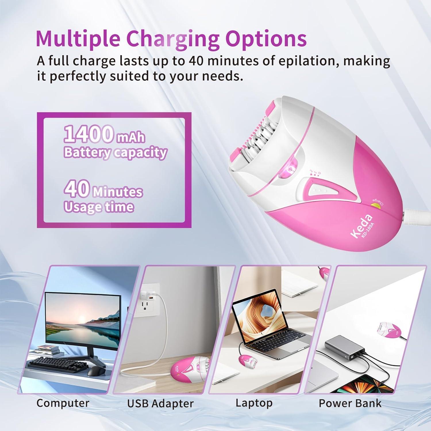 Epilador Eléctrico Recargable Blumskin para Mujeres - Indoloro, 2 Velocidades, Luz LED