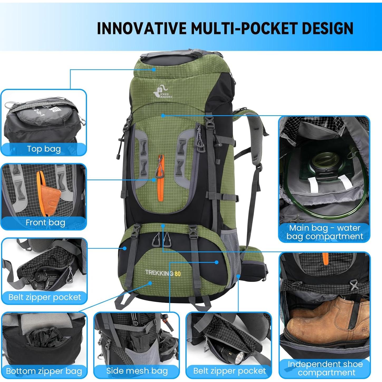 80L Waterproof Hiking Camping Backpack with Rain Cover, Lightweight Outdoor Sport Travel Daypack for Climbing Touring (Army Green)