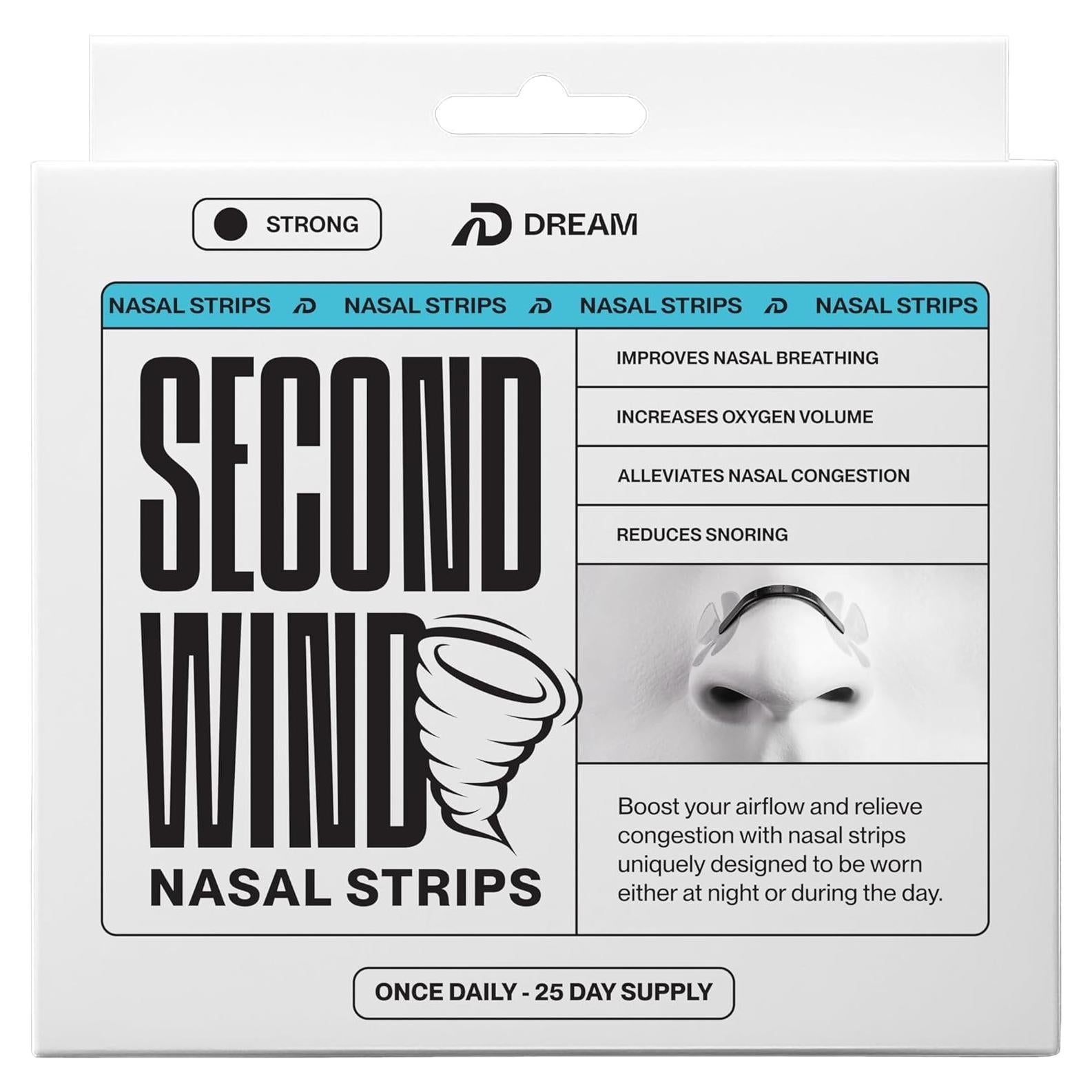 Tiras Nasales Second Wind Fuerte - Alivio Ronquidos 25 Unidades