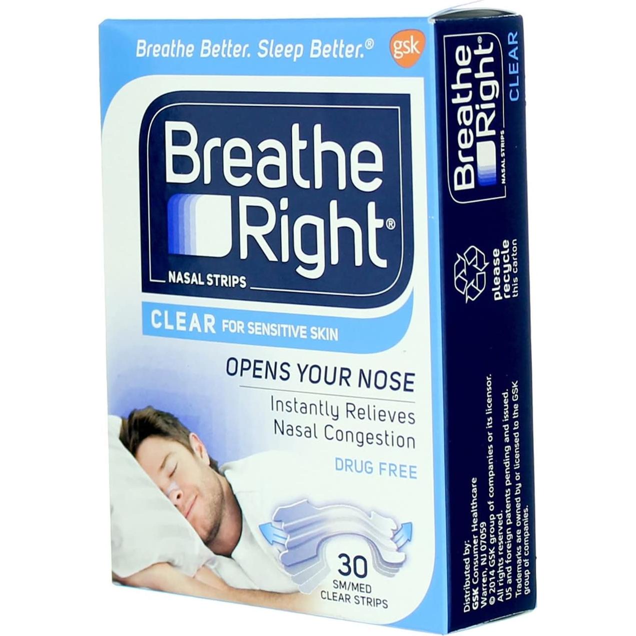 Tiras Nasales Breathe Right Transparentes Pequeñas 30 Unidades