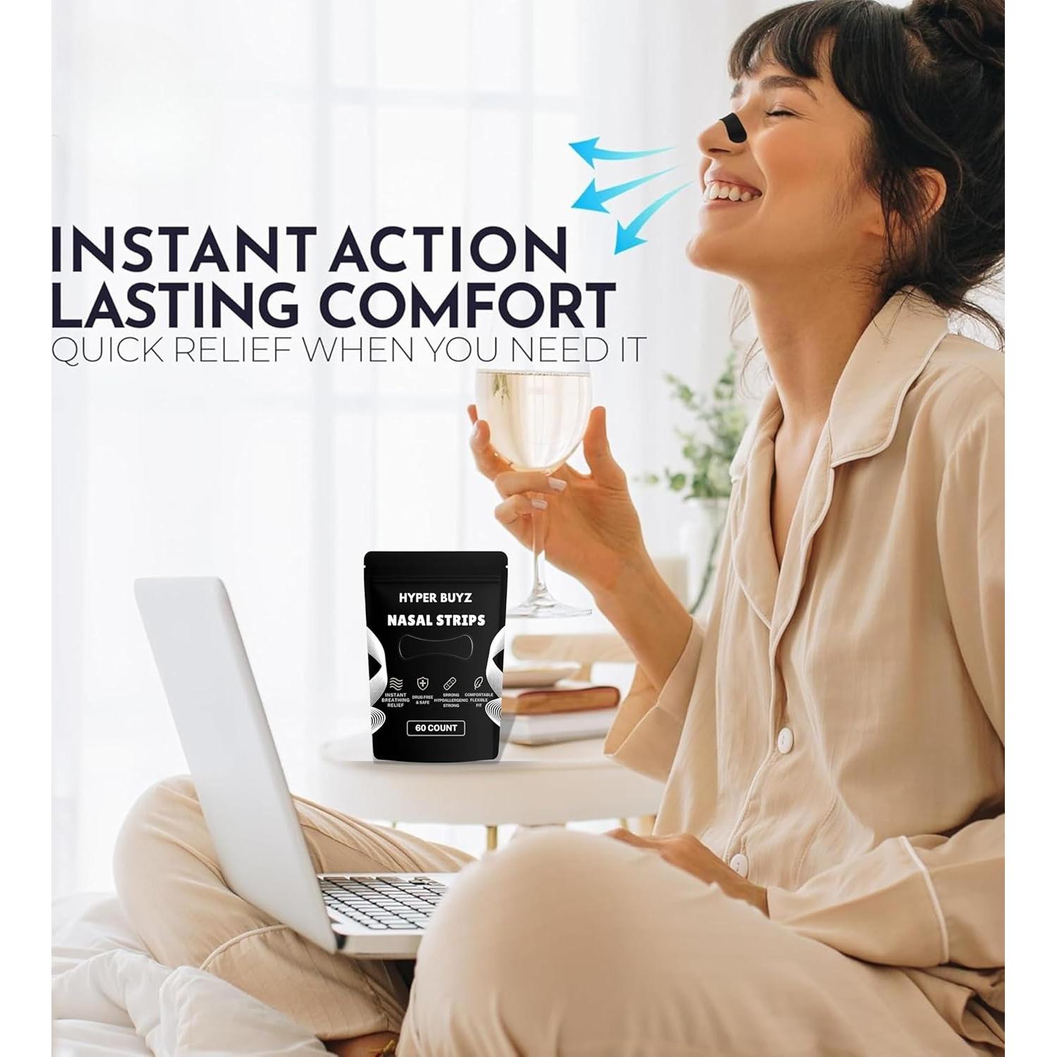 60 Tiras Nasales Antironquidos HYPER BUYZ - Ajuste Cómodo