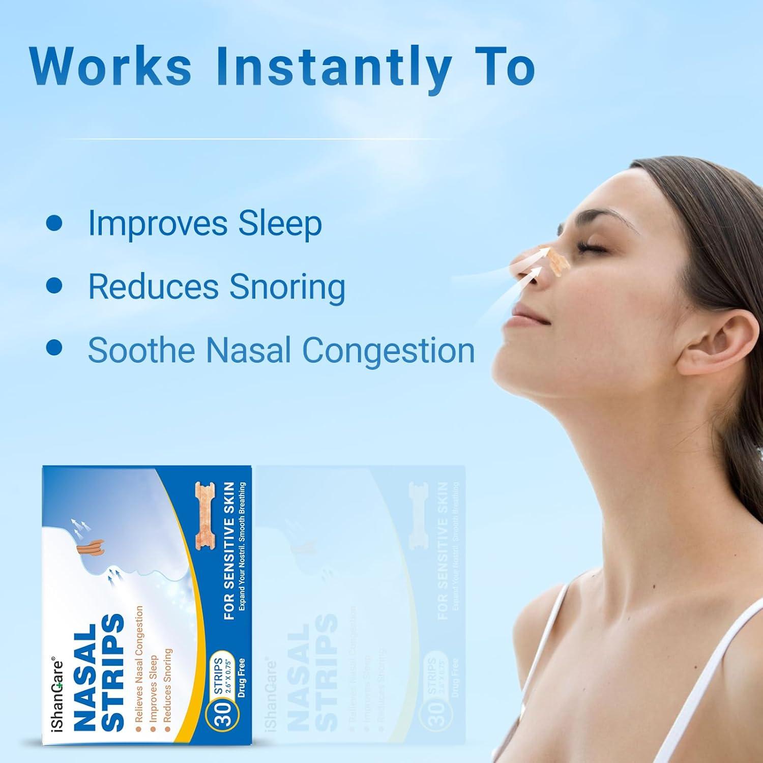 Tiras Nasales iShanCare 30 Conteo para Mejor Sueño y Respiración