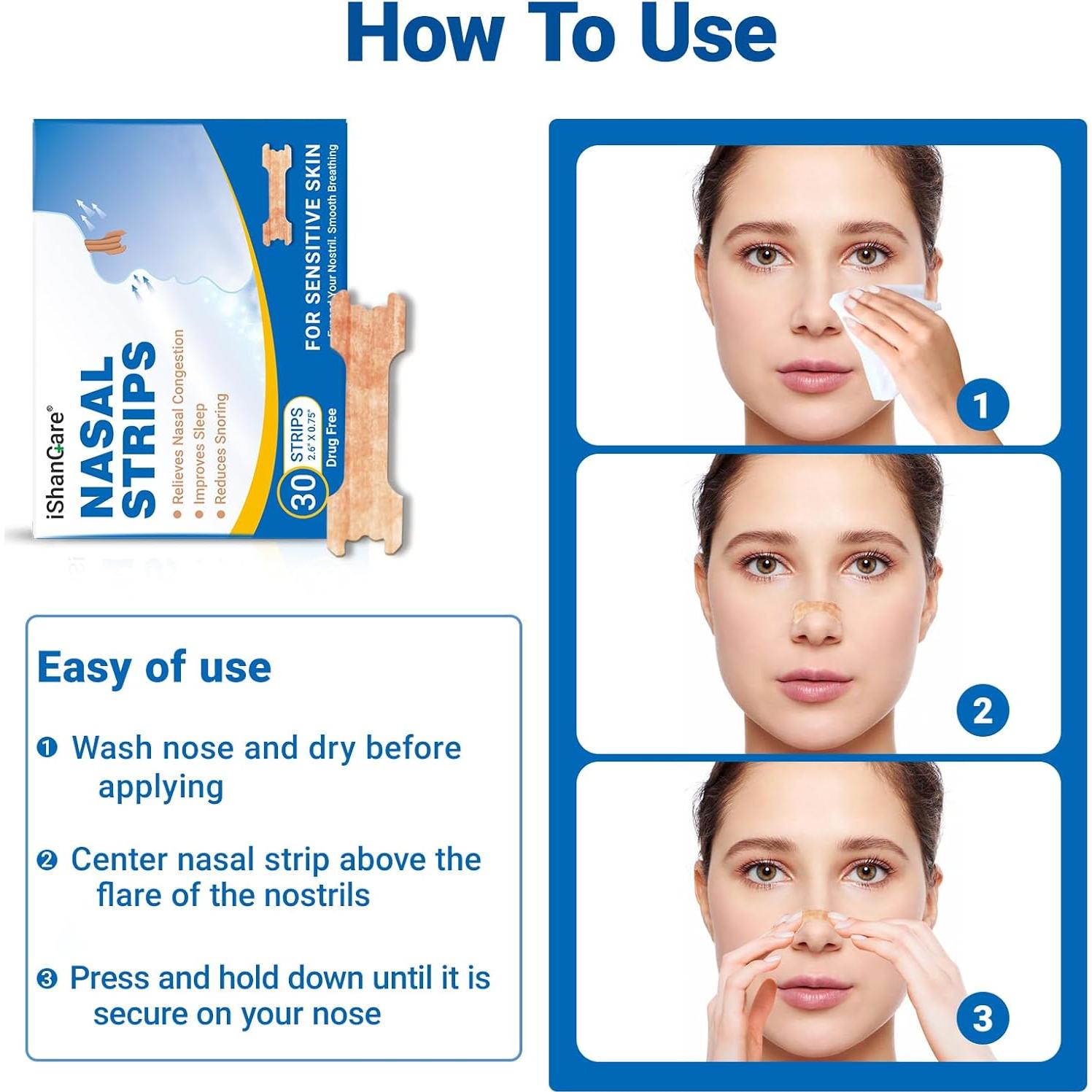 Tiras Nasales iShanCare 30 Conteo para Mejor Sueño y Respiración