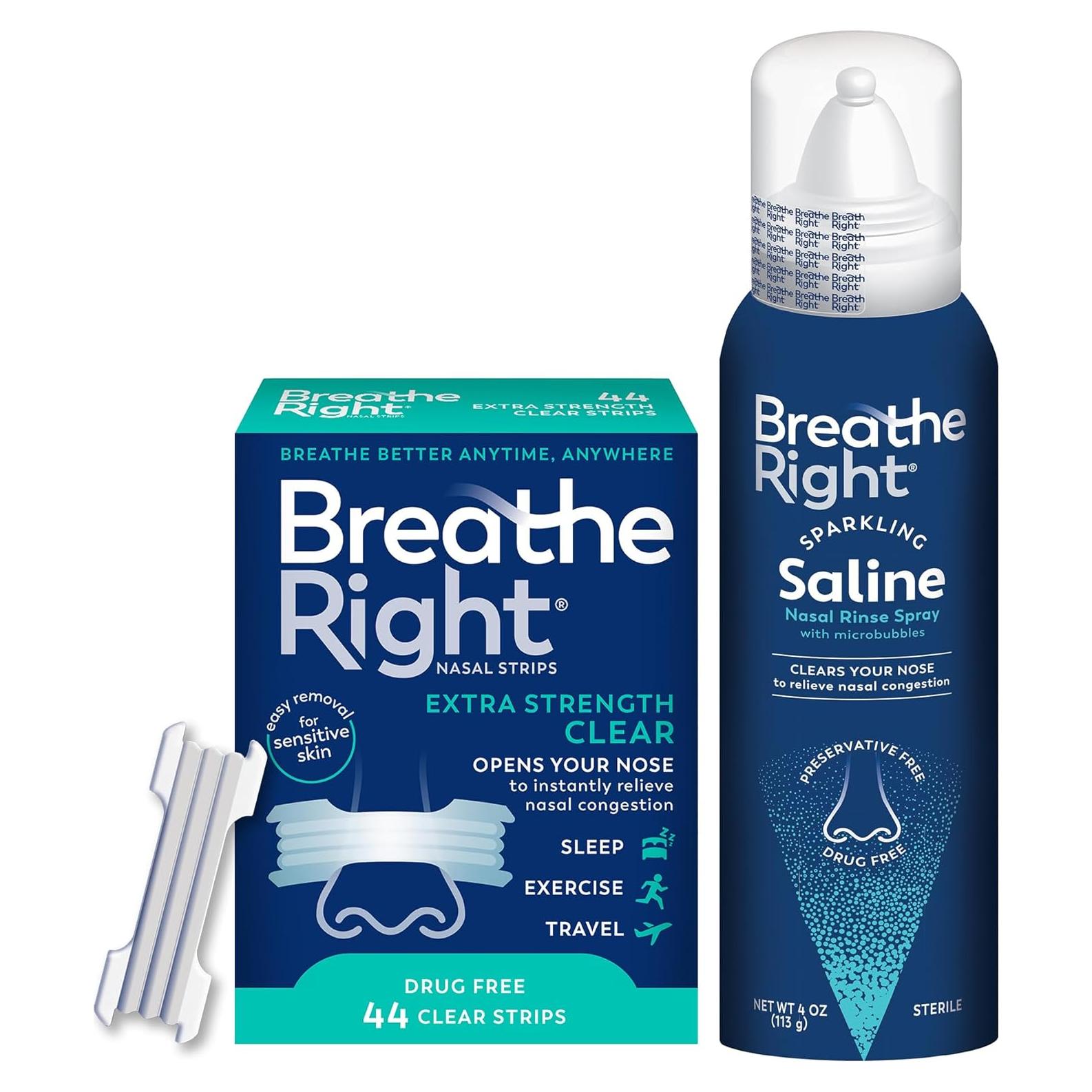 Paquete Tiras Nasales Breathe Right Extra Fuertes 44ct + Spray Salino 118ml