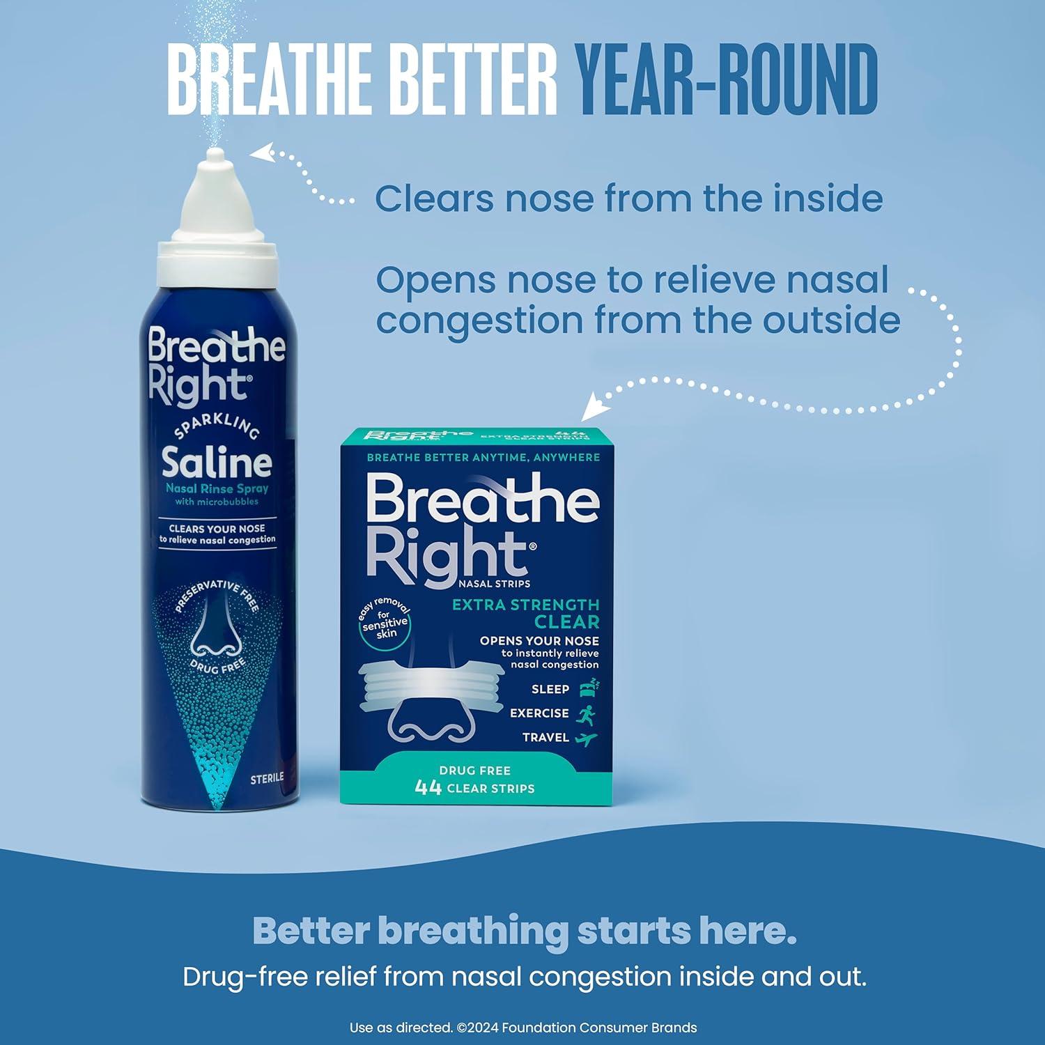 Paquete Tiras Nasales Breathe Right Extra Fuertes 44ct + Spray Salino 118ml