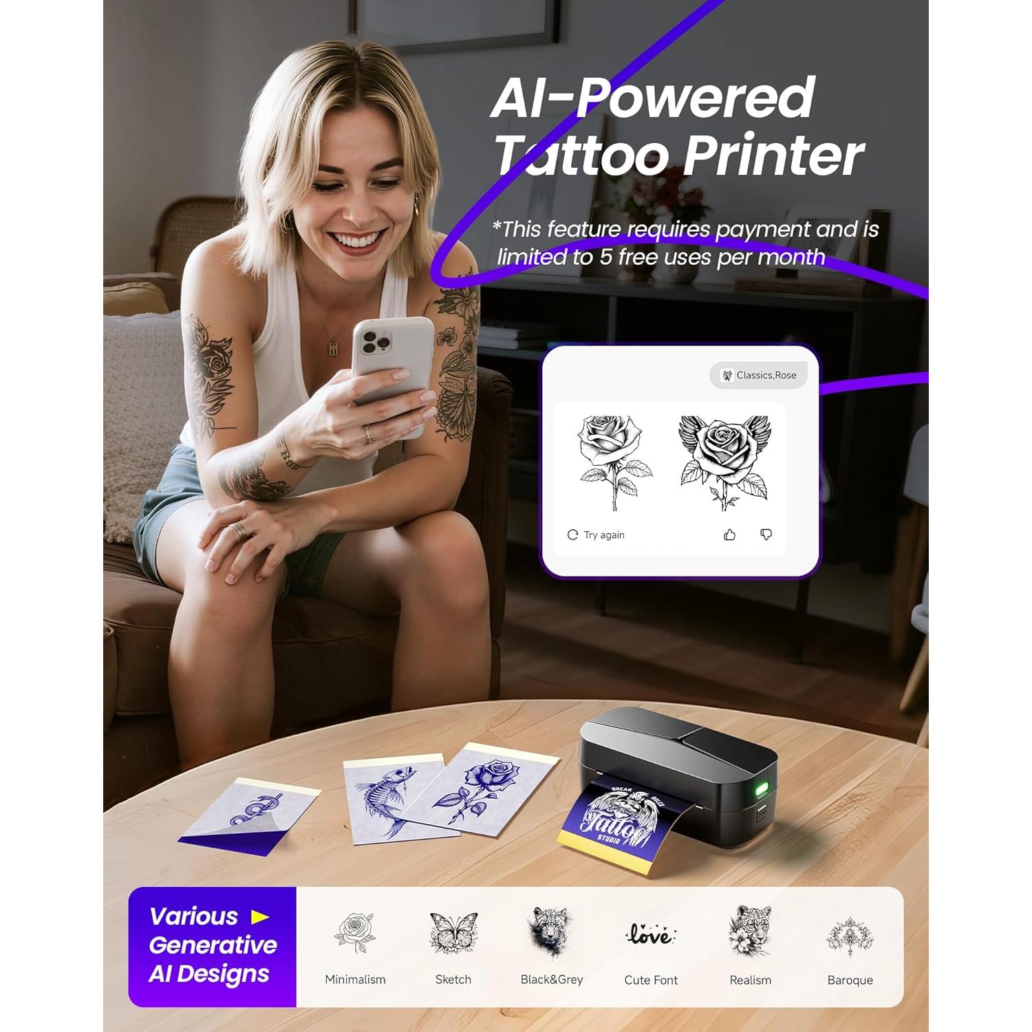 Impresora de Tatuajes TATTMUSE TP32 Mini con 30 Papeles