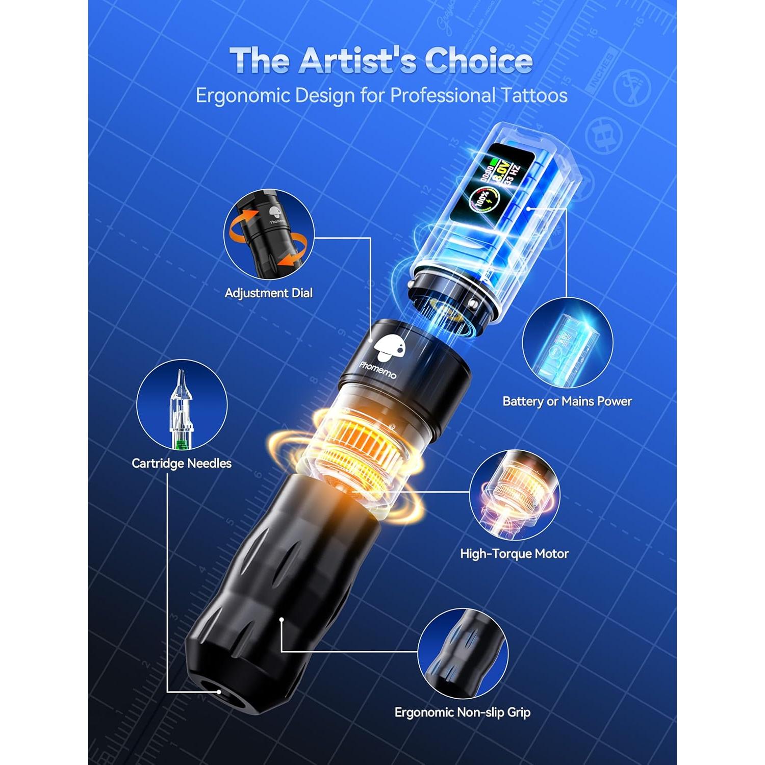 Kit de Máquina de Tatuaje Inalámbrica Phomemo con 20 Agujas