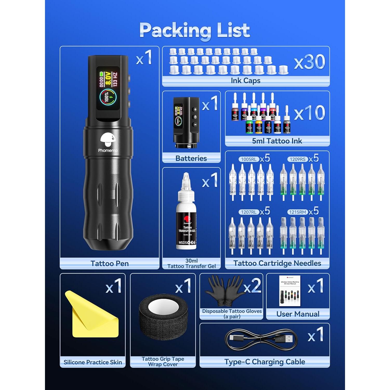 Kit de Máquina de Tatuaje Inalámbrica Phomemo con 20 Agujas