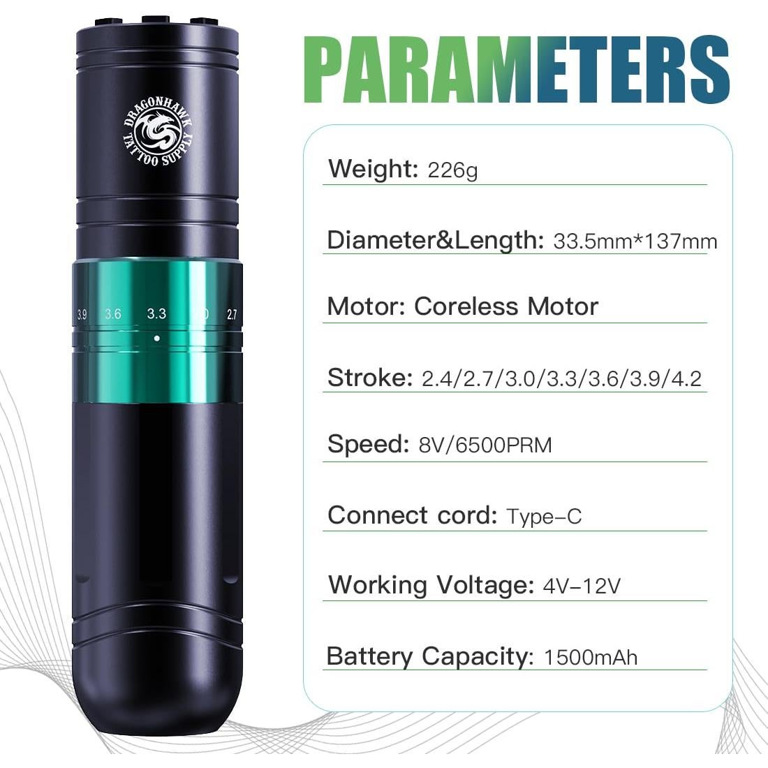 Kit de Tatuaje Inalámbrico Dragonhawk A2 con 2 Baterías