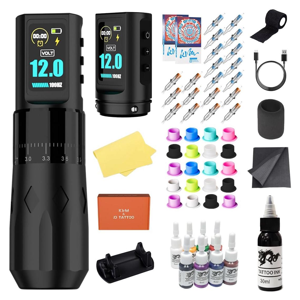 Kit de Tatuaje KVM con 2 Baterías y 20 Cartuchos de Tinta
