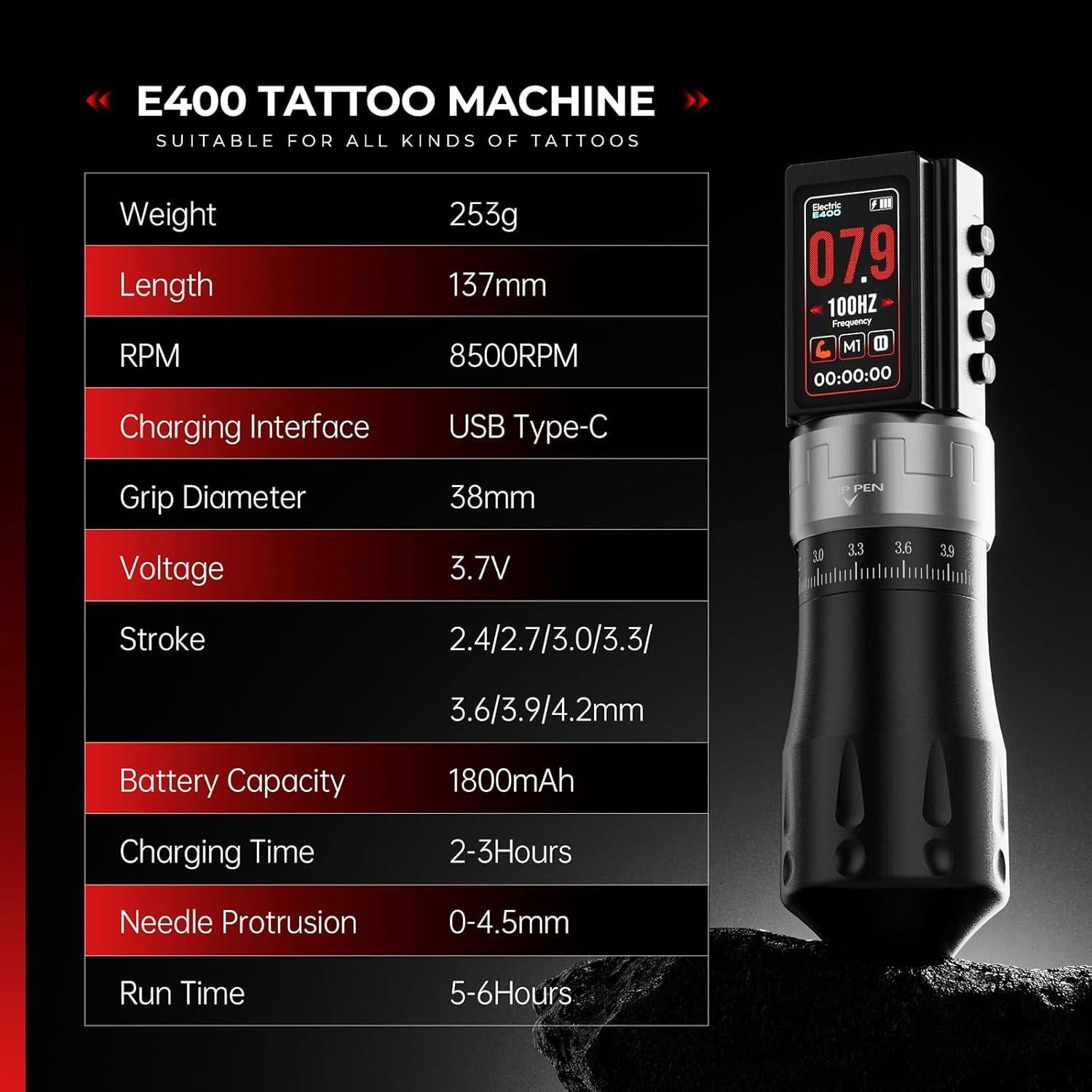 Máquina de Tatuaje Inalámbrica CNC E400 con 2 Baterías 1800mAh