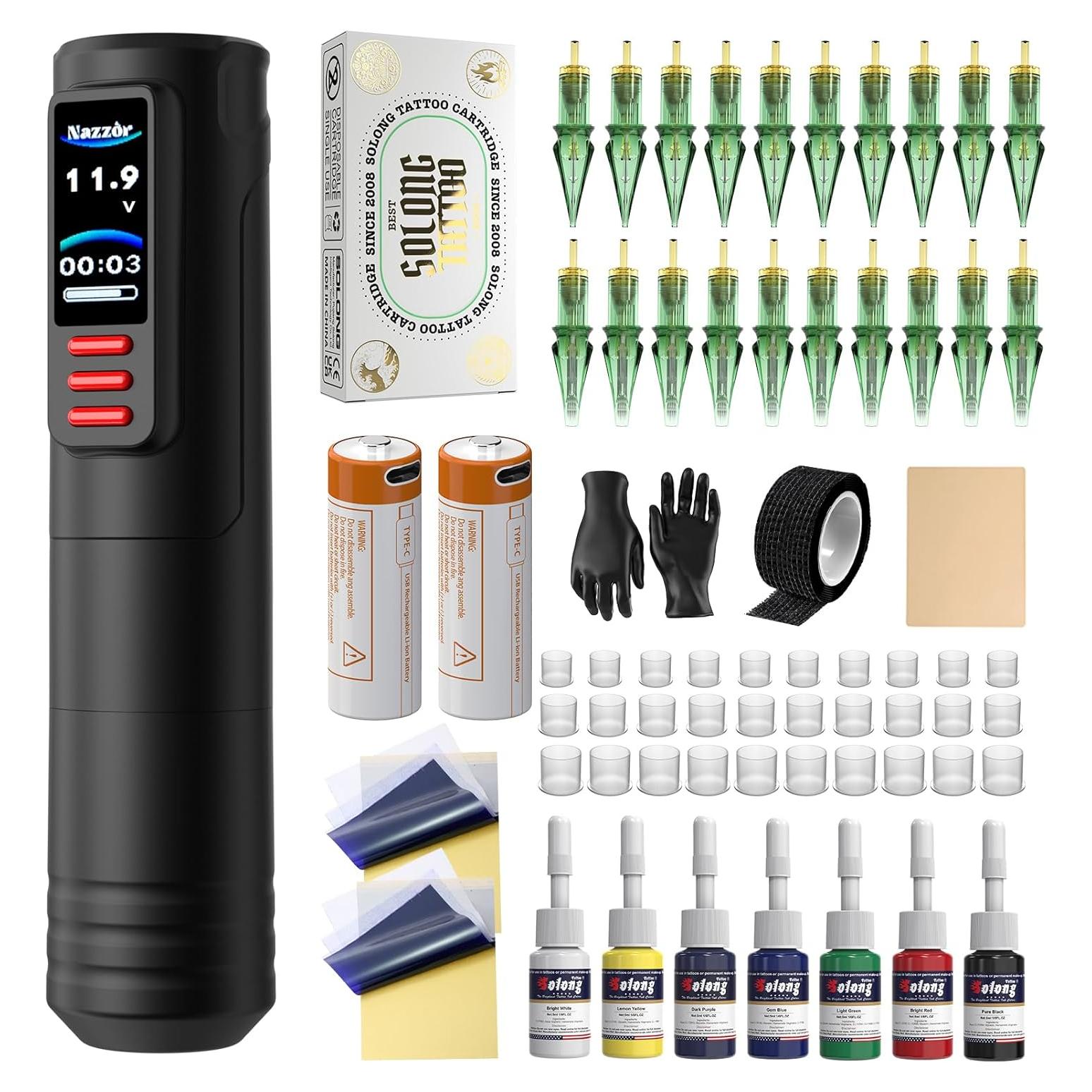 Kit de Tatuaje NAZZOR con Máquina, 2 Baterías 1600mAh y 20 Cartuchos