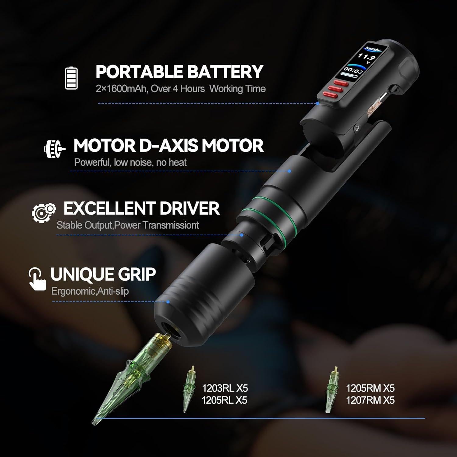 Kit de Tatuaje NAZZOR con Máquina, 2 Baterías 1600mAh y 20 Cartuchos