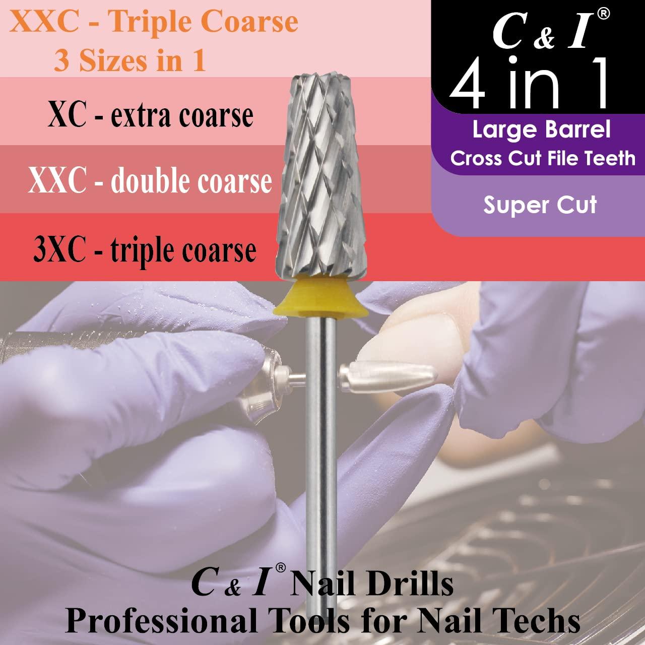 C & I Nail Drill Bit 4 in 1 Super Cut E-File, Multi-function plus Upgrade File-Teeth, Large Barrel & Cross Cut, for Manicure Drill Machine, Help Nail Tech to Remove Nail Works (Double Coarse-XXC)