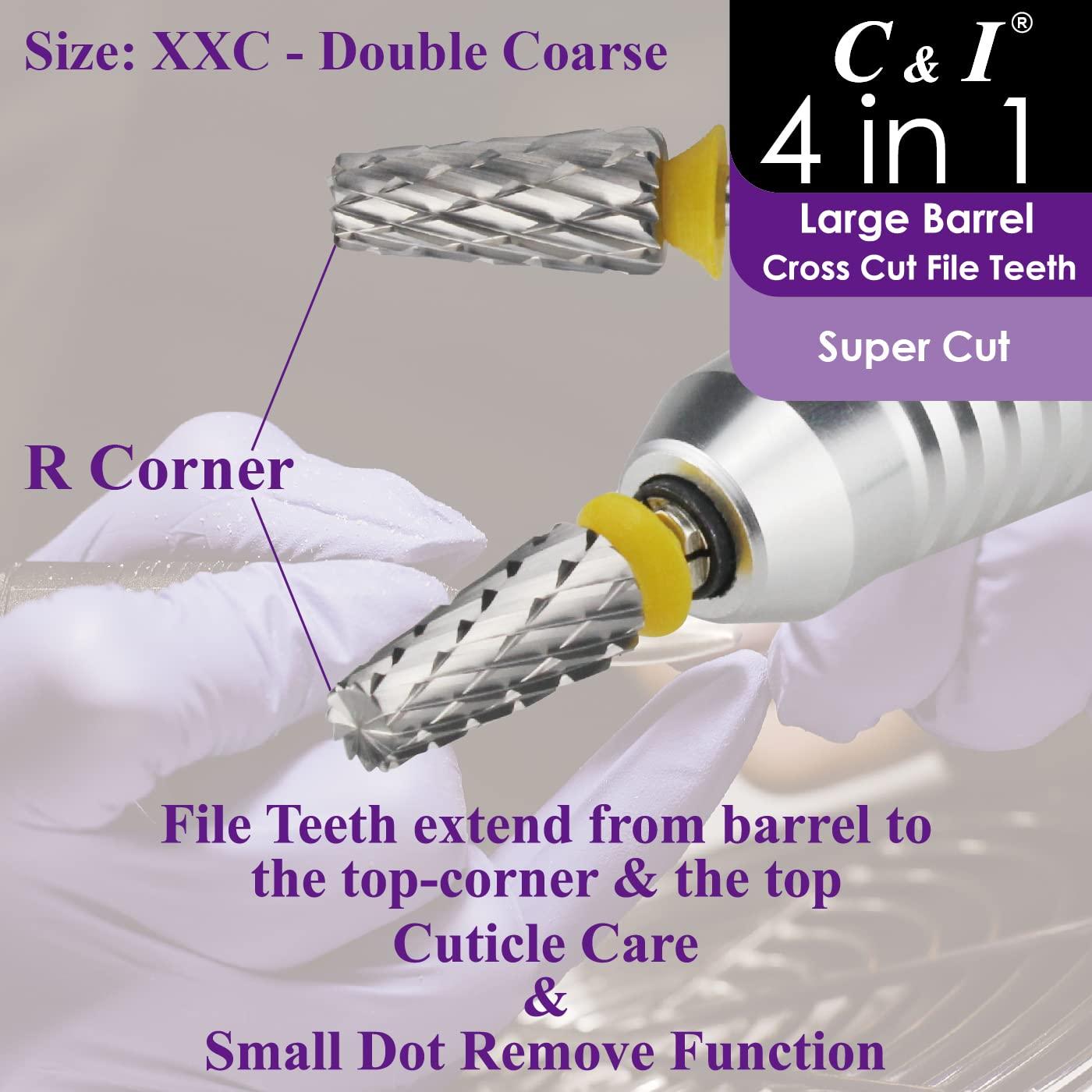 C & I Nail Drill Bit 4 in 1 Super Cut E-File, Multi-function plus Upgrade File-Teeth, Large Barrel & Cross Cut, for Manicure Drill Machine, Help Nail Tech to Remove Nail Works (Double Coarse-XXC)