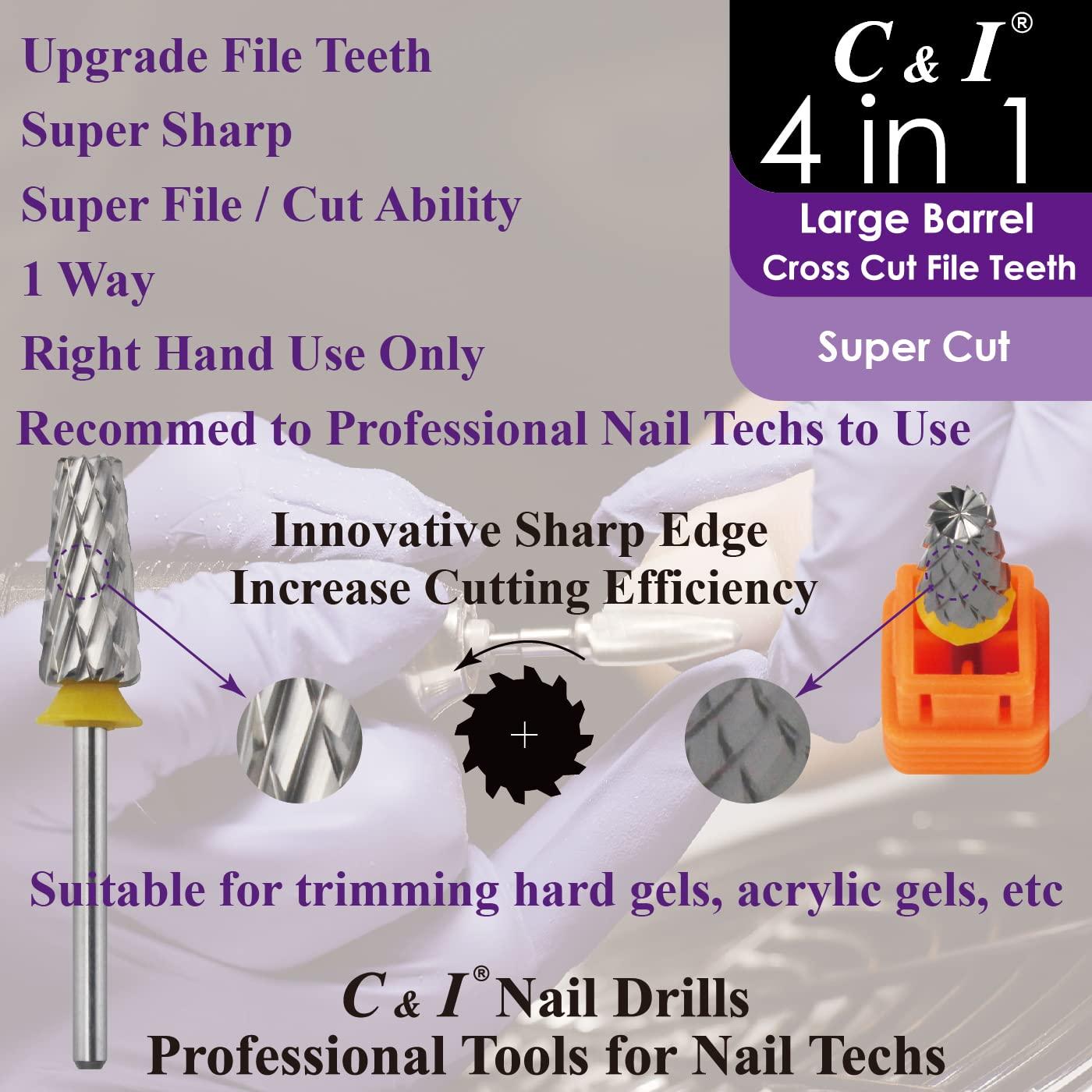 C & I Nail Drill Bit 4 in 1 Super Cut E-File, Multi-function plus Upgrade File-Teeth, Large Barrel & Cross Cut, for Manicure Drill Machine, Help Nail Tech to Remove Nail Works (Double Coarse-XXC)