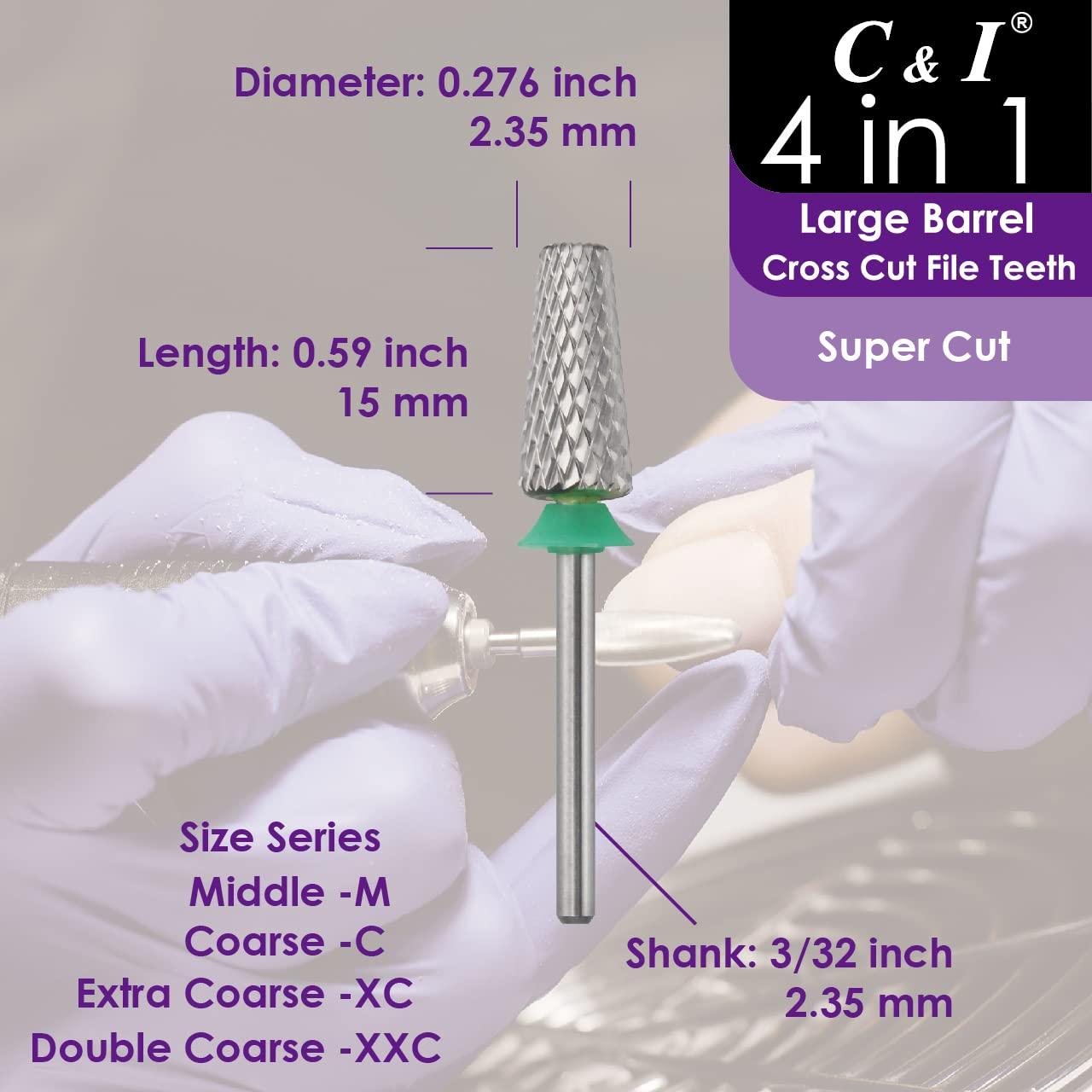 C & I Nail Drill Bit 4 in 1 Super Cut E-File, Multi-function plus Upgrade File-Teeth, Large Barrel & Cross Cut, for Manicure Drill Machine, Help Nail Tech to Remove Nail Works (Double Coarse-XXC)