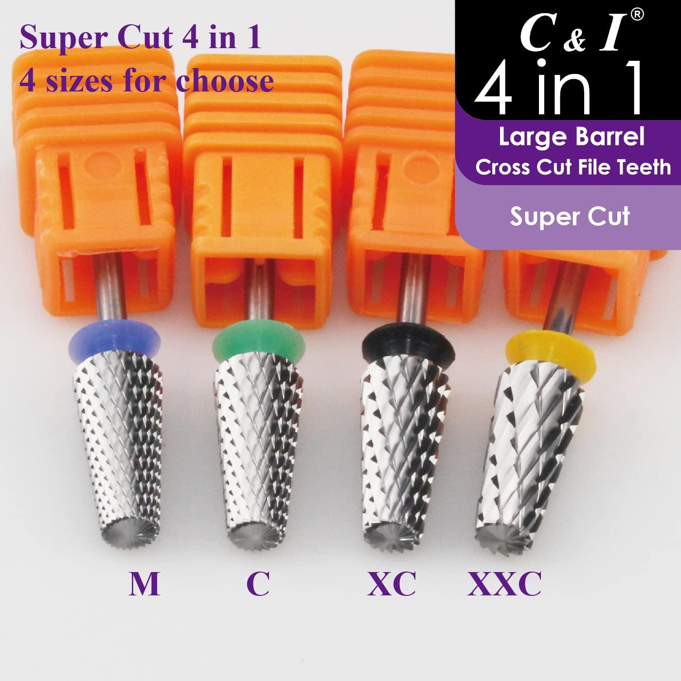 C & I Nail Drill Bit 4 in 1 Super Cut E-File, Multi-function plus Upgrade File-Teeth, Large Barrel & Cross Cut, for Manicure Drill Machine, Help Nail Tech to Remove Nail Works (Double Coarse-XXC)