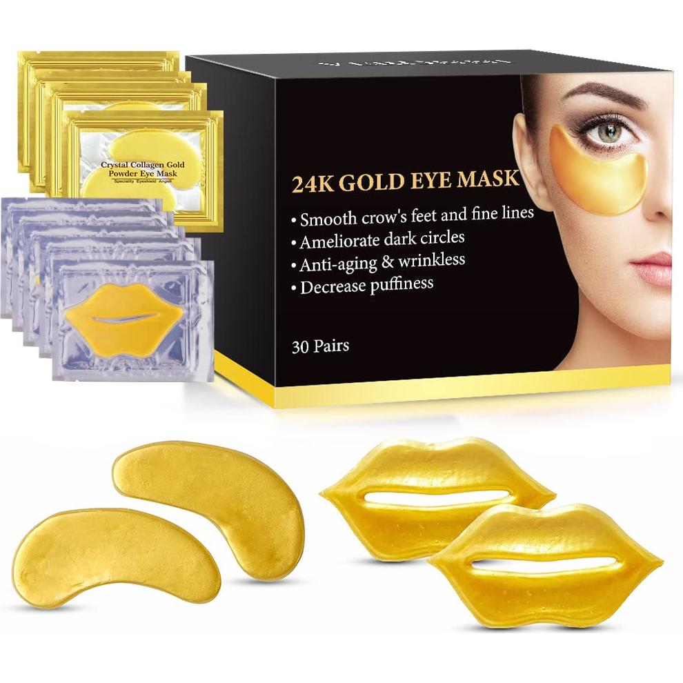 Conjunto de Mascarillas Hidratantes VERONNI - 20 Parches Ojos y 10 Labios Oro 24K