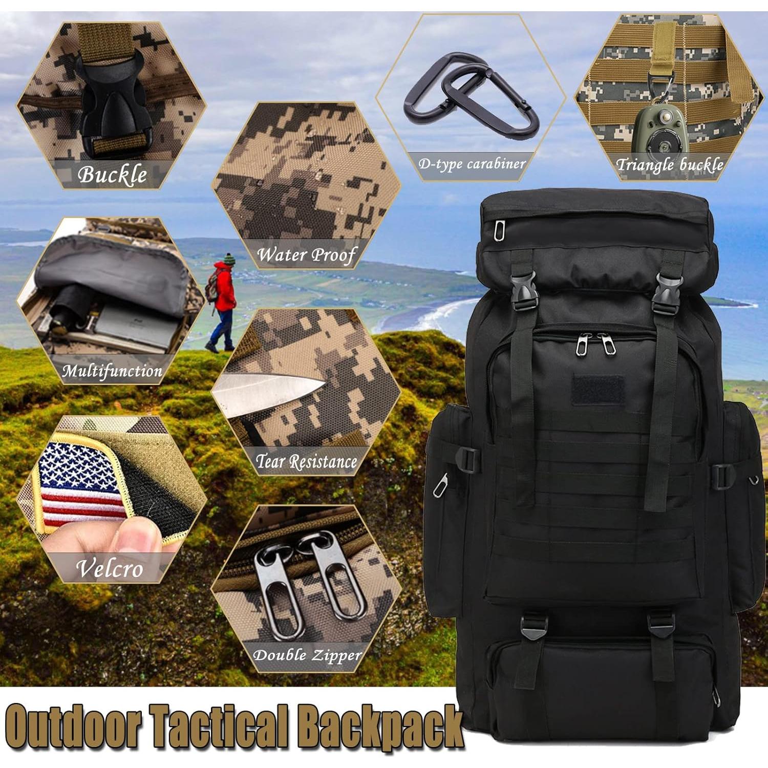 Mochila de Senderismo 70L Impermeable Unisex Negra