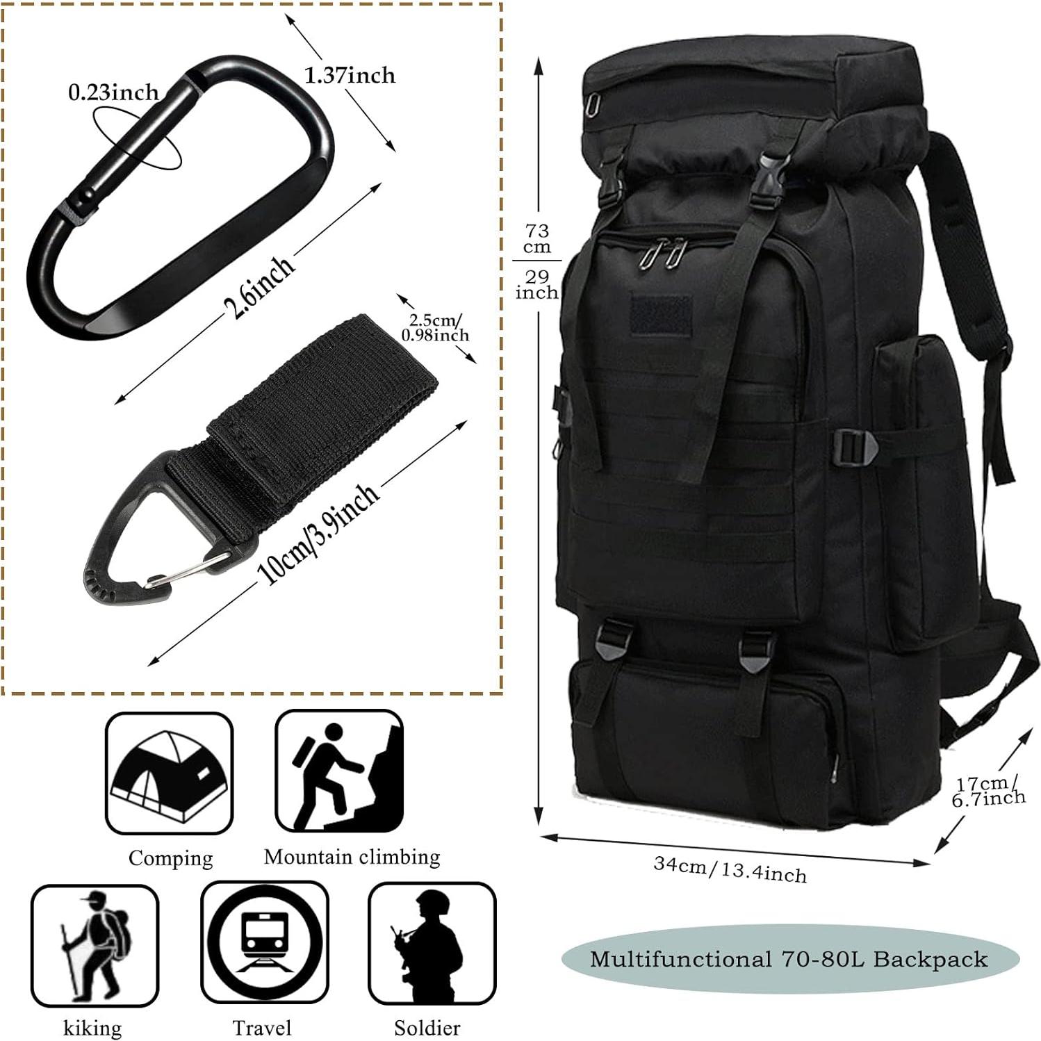 Mochila de Senderismo 70L Impermeable Unisex Negra