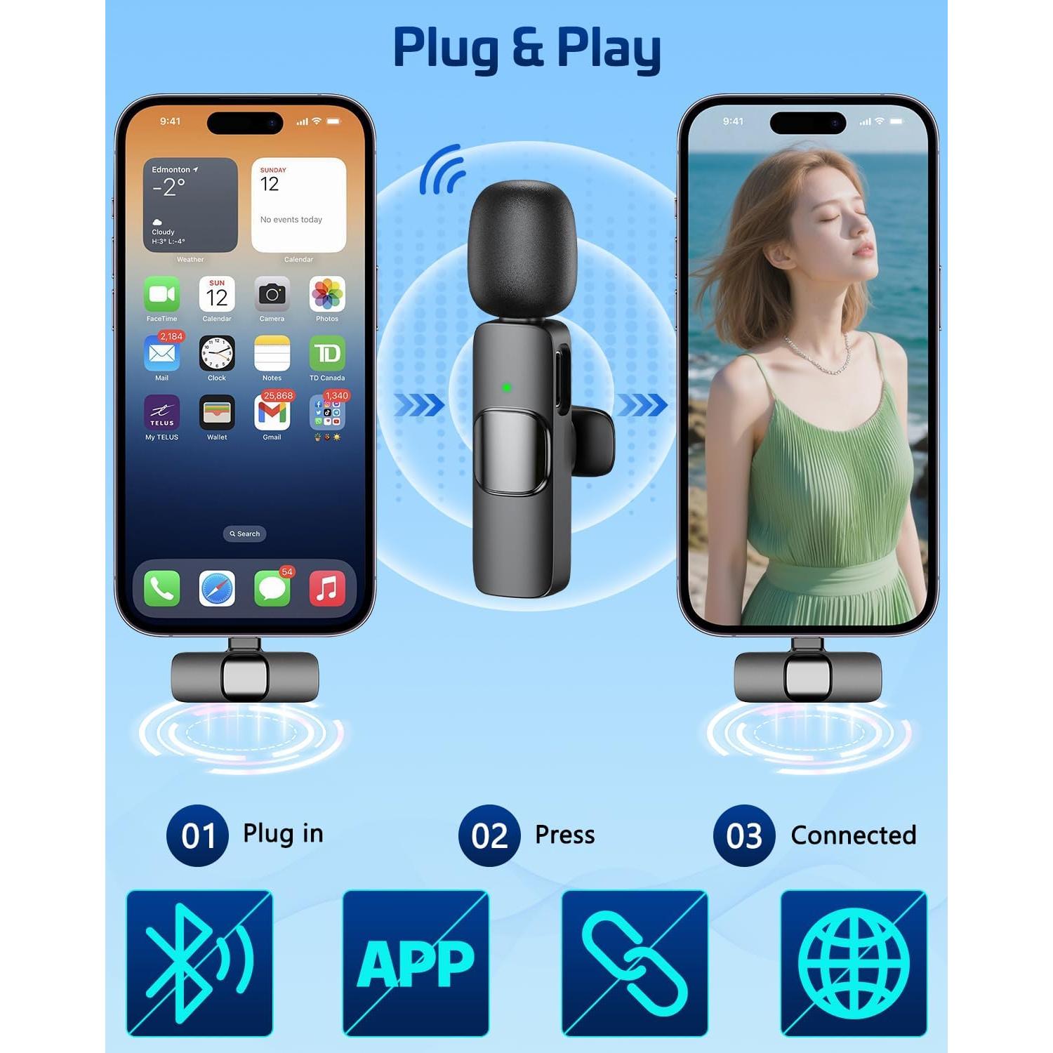 Micrófono Lavalier Inalámbrico HONGJIEYUAN para iPhone - Clip-on, 11.4x8.4 cm