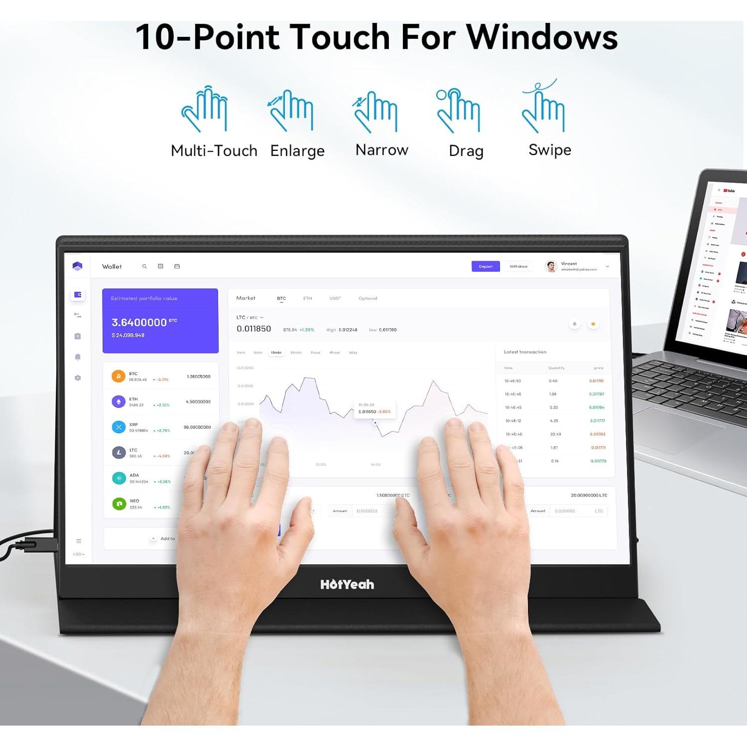 Monitor Táctil Portátil HotYeah 15.6" 1080P USB-C HDMI