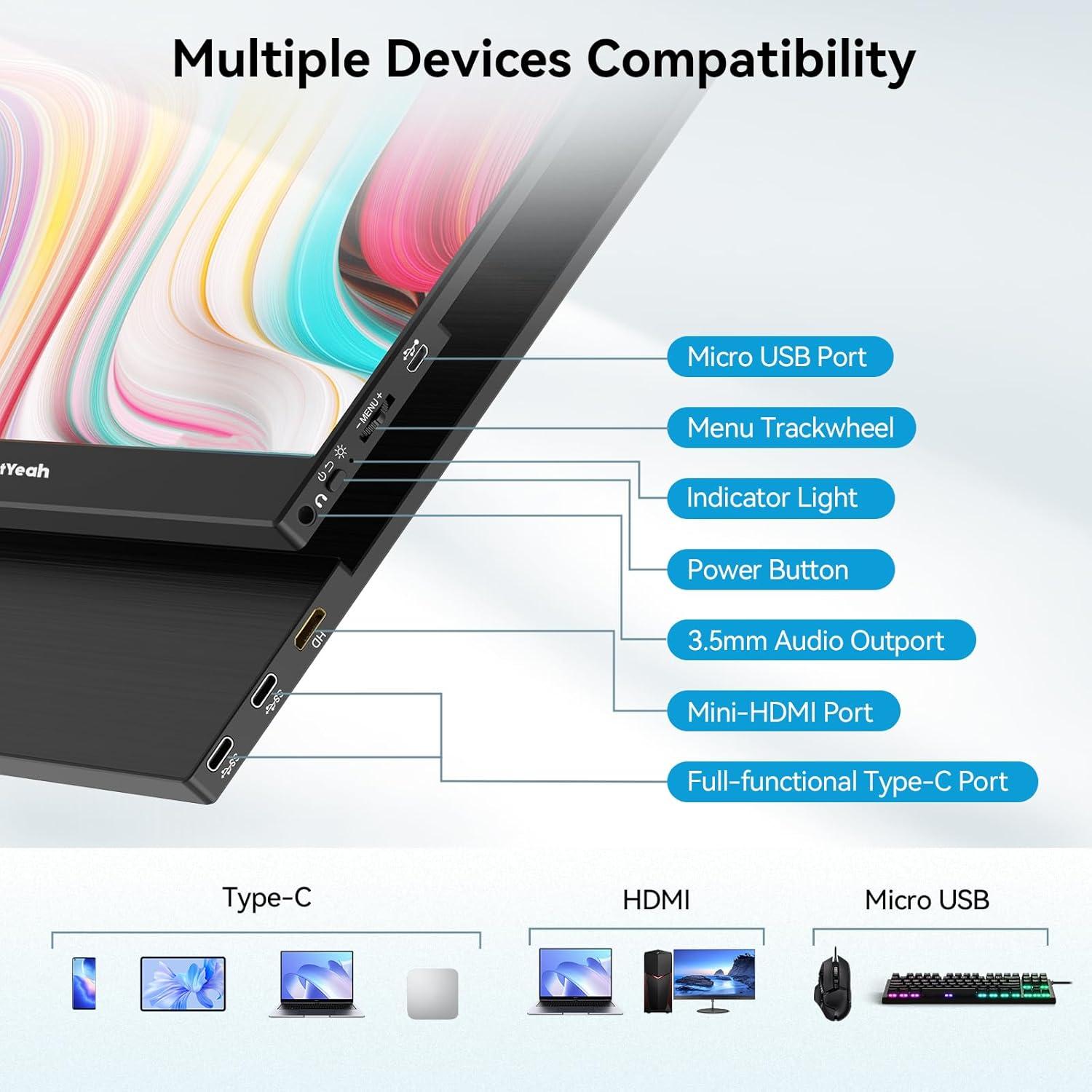 Monitor Táctil Portátil HotYeah 15.6" 1080P USB-C HDMI