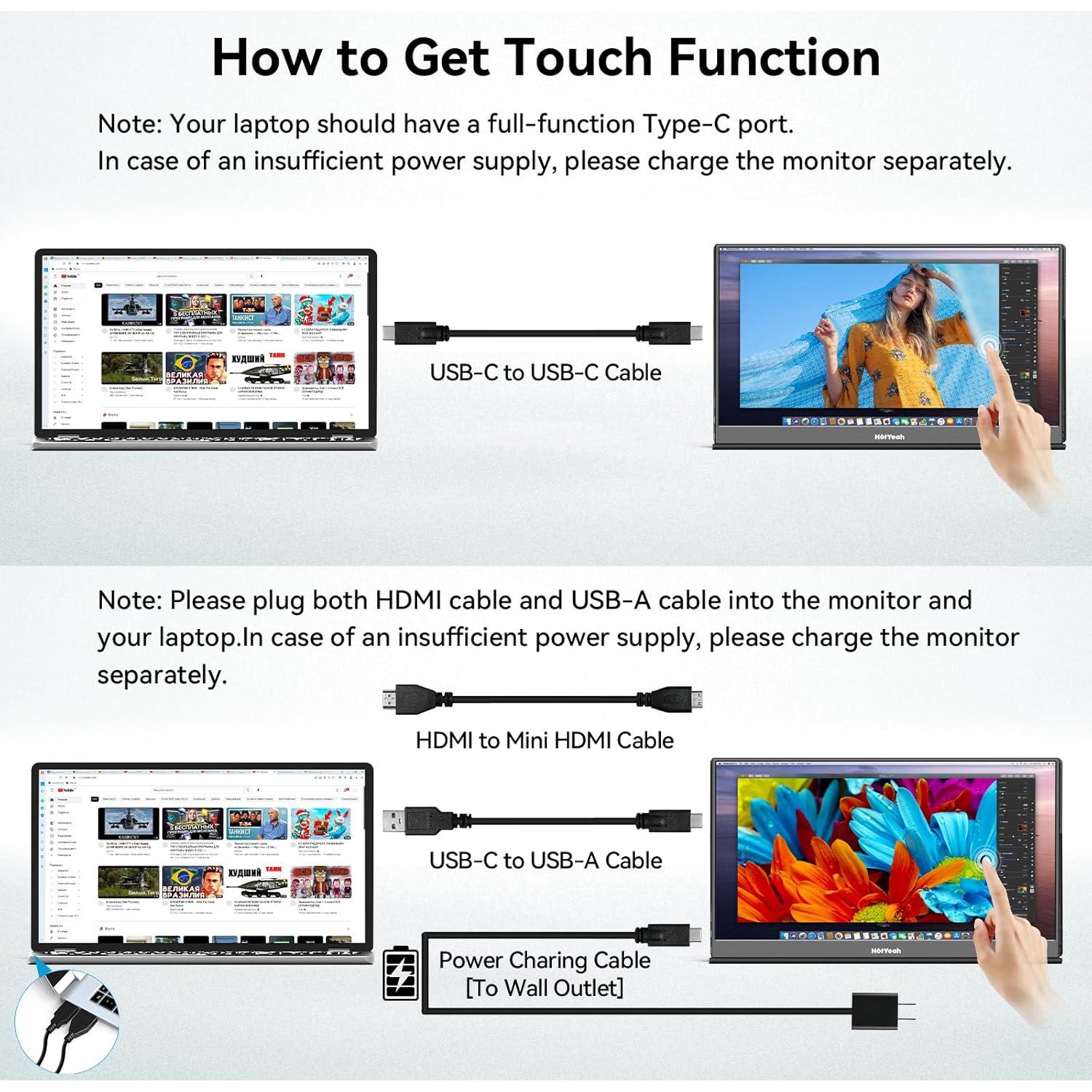Monitor Táctil Portátil HotYeah 15.6" 1080P USB-C HDMI