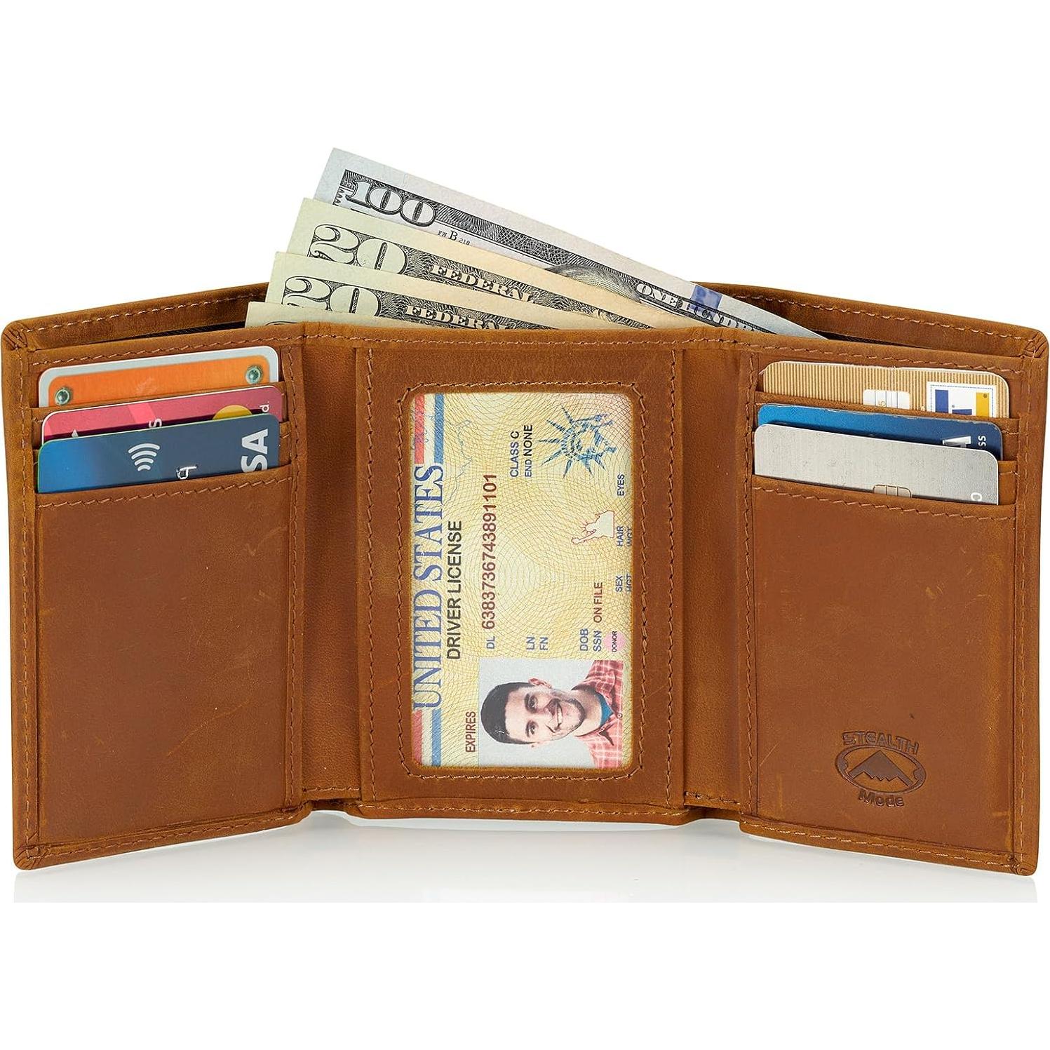 Cartera de Cuero Trifold Modo Sigiloso para Hombres RFID