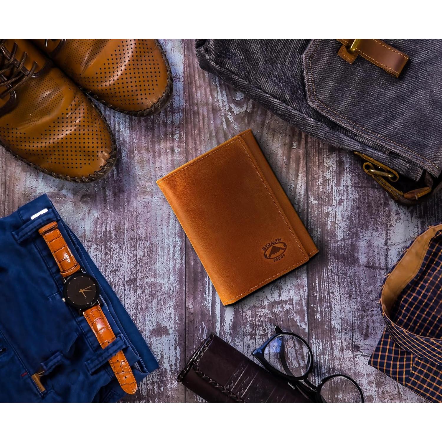 Cartera de Cuero Trifold Modo Sigiloso para Hombres RFID