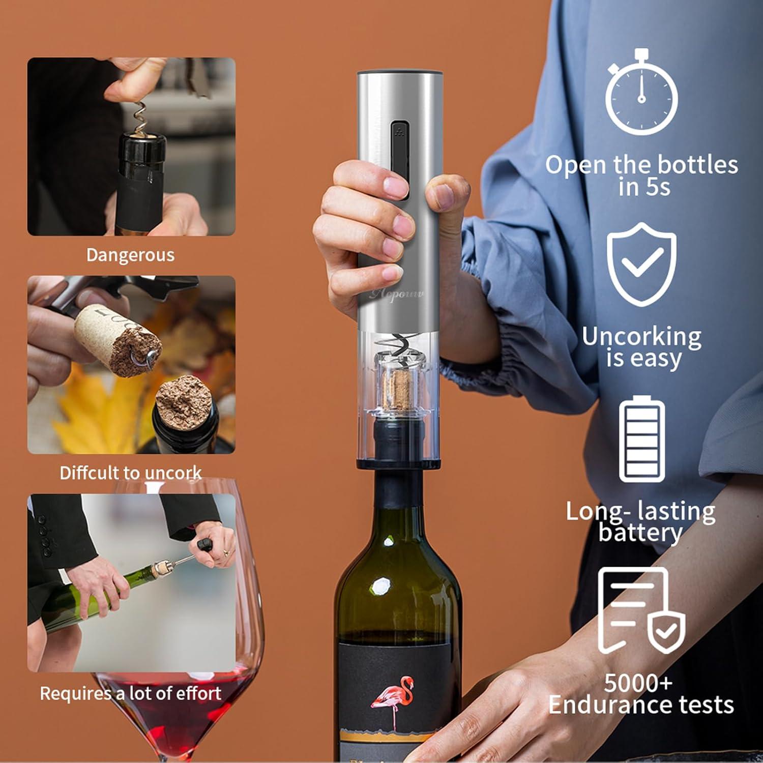 Set Abridor de Botellas de Vino Eléctrico Acpouw 5 en 1 Plata