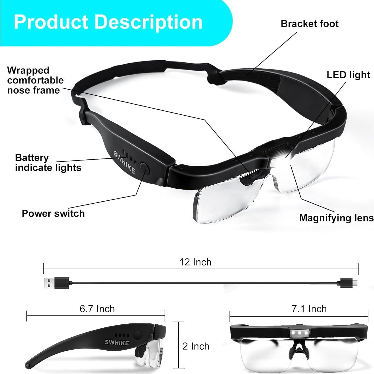 Lupa de Cabeza con Luz SWHIKE 5 Lentes Aumento Recargable