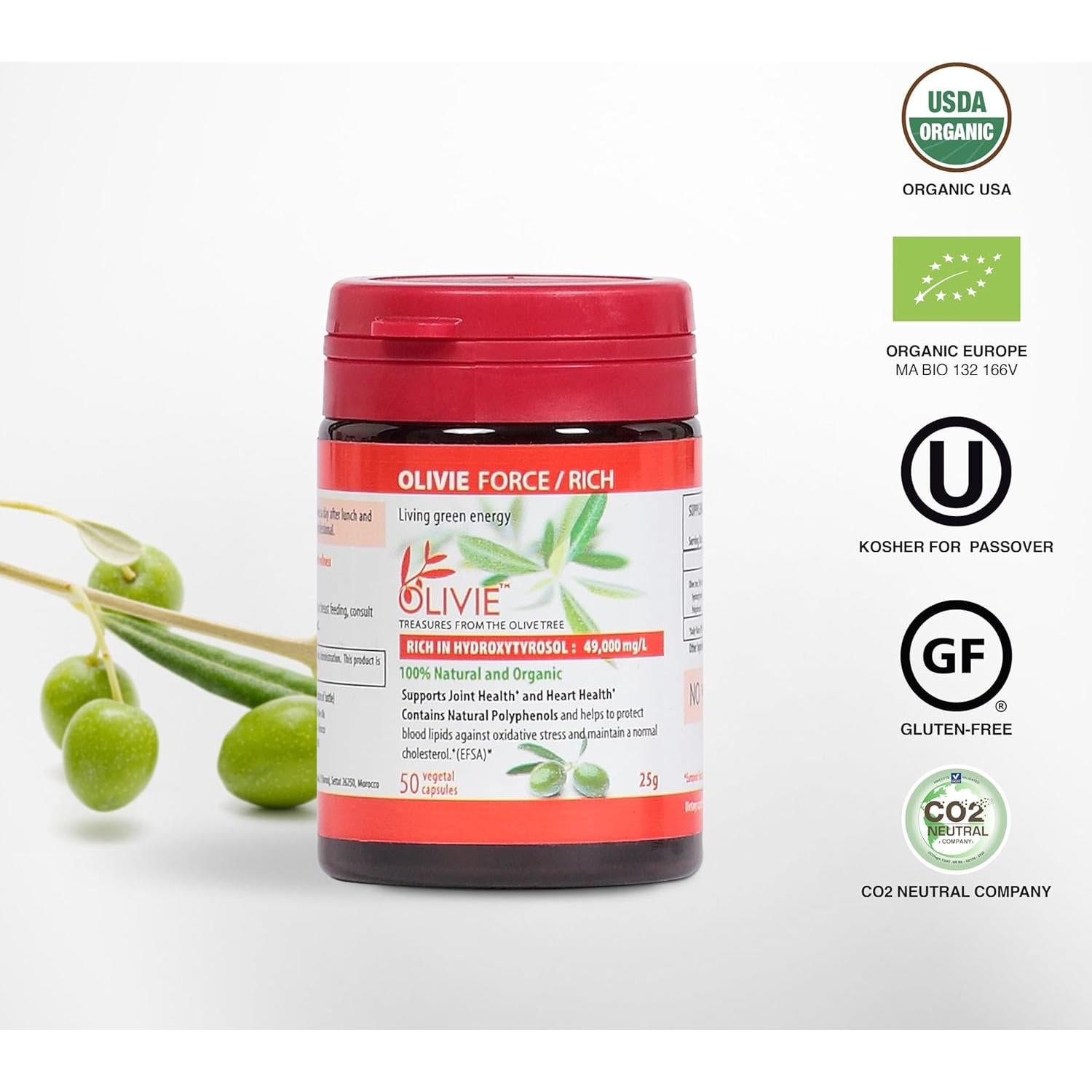 Cápsulas de Extracto de Hoja de Olivo Orgánico Olivie Force/Rich - 50 Cápsulas Antioxidantes