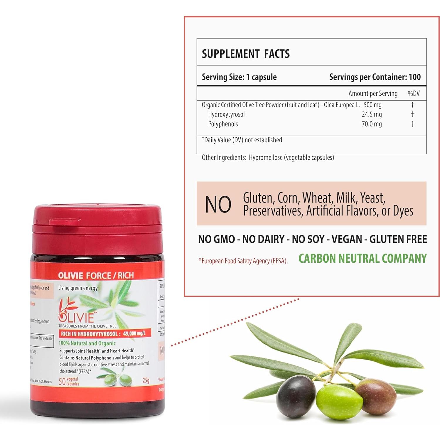 Cápsulas de Extracto de Hoja de Olivo Orgánico Olivie Force/Rich - 50 Cápsulas Antioxidantes