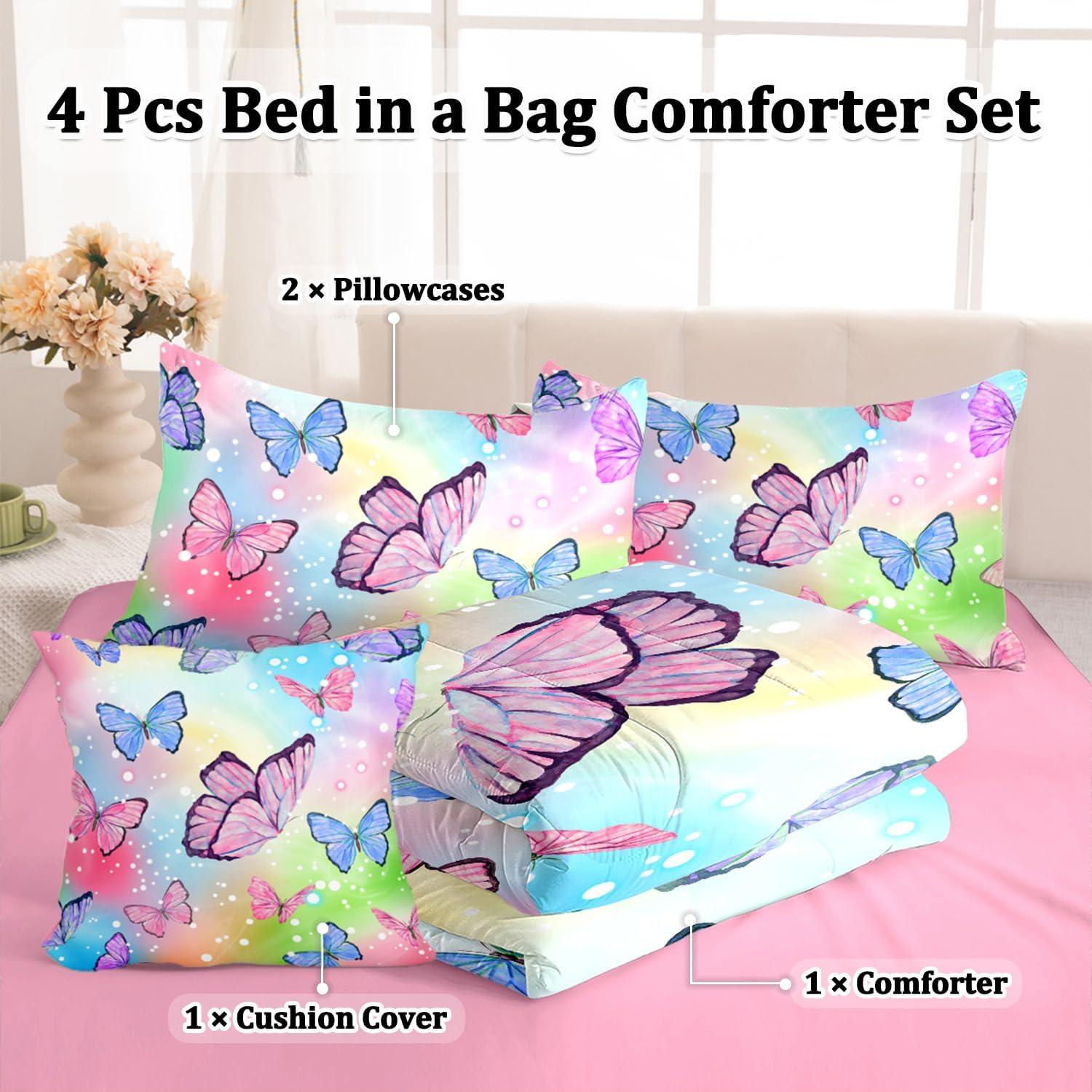 Juego de Ropa de Cama Completo 4 Piezas ASKOTU Mariposa Rosa