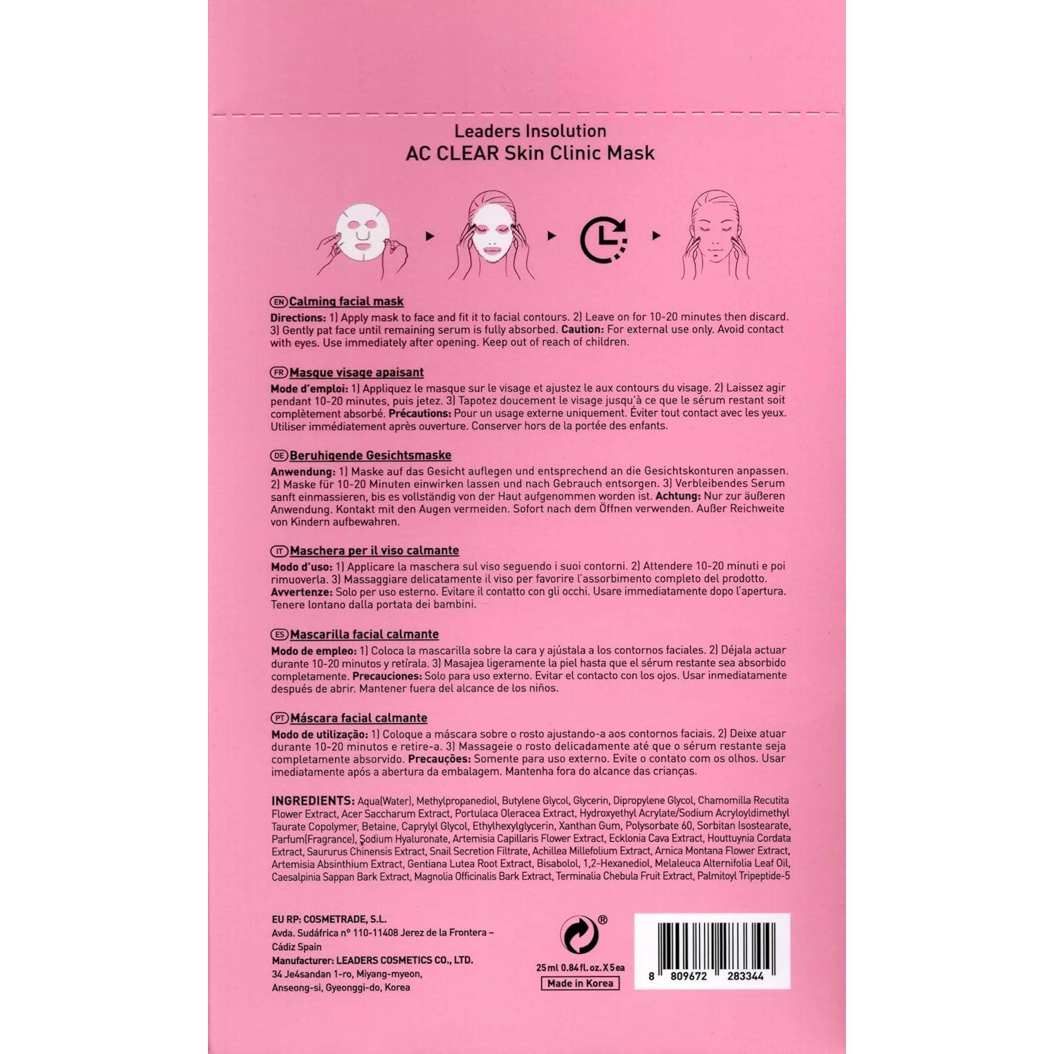 Máscara Facial Leaders Insolution AC Clara - 5 Hojas para Acné