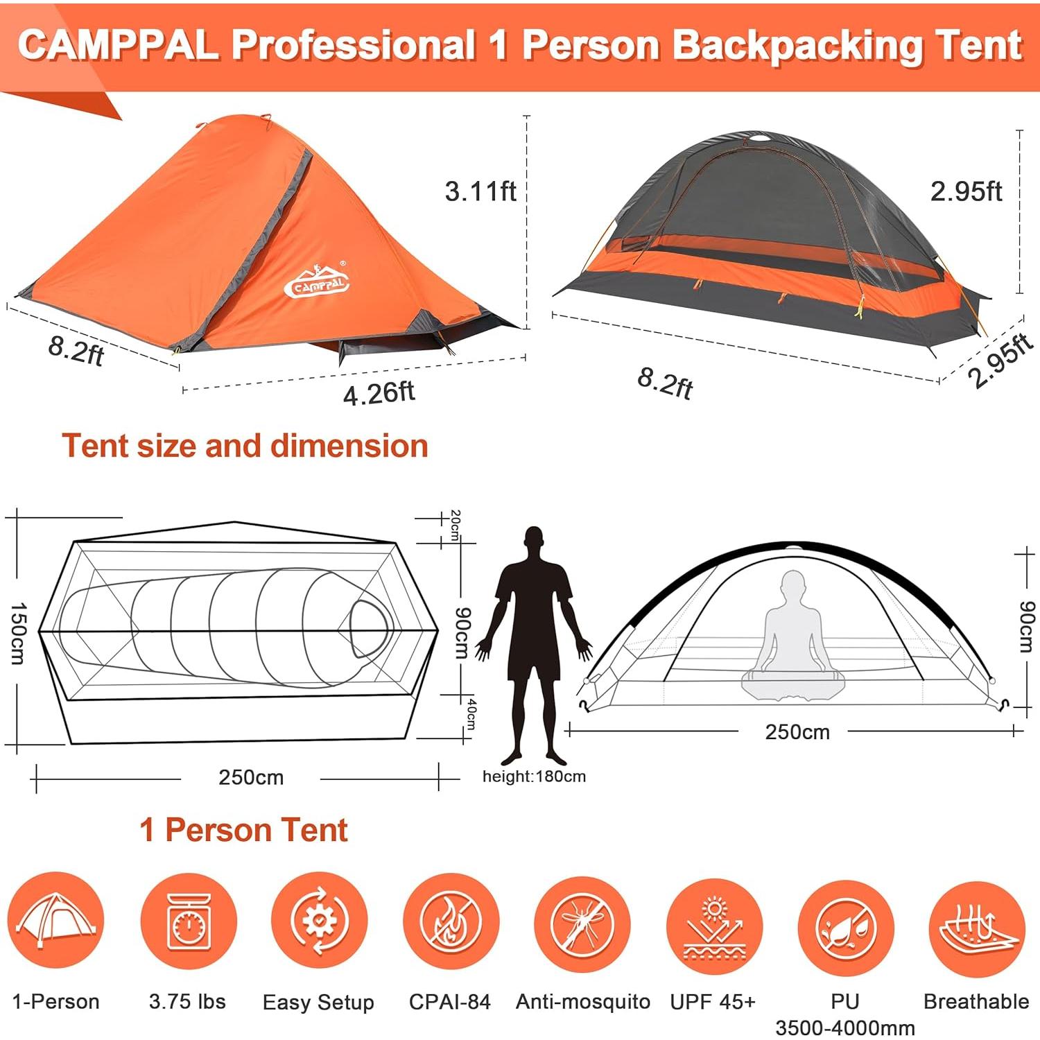 Tienda de Camping Camppal para 1 Persona Impermeable 4 Estaciones
