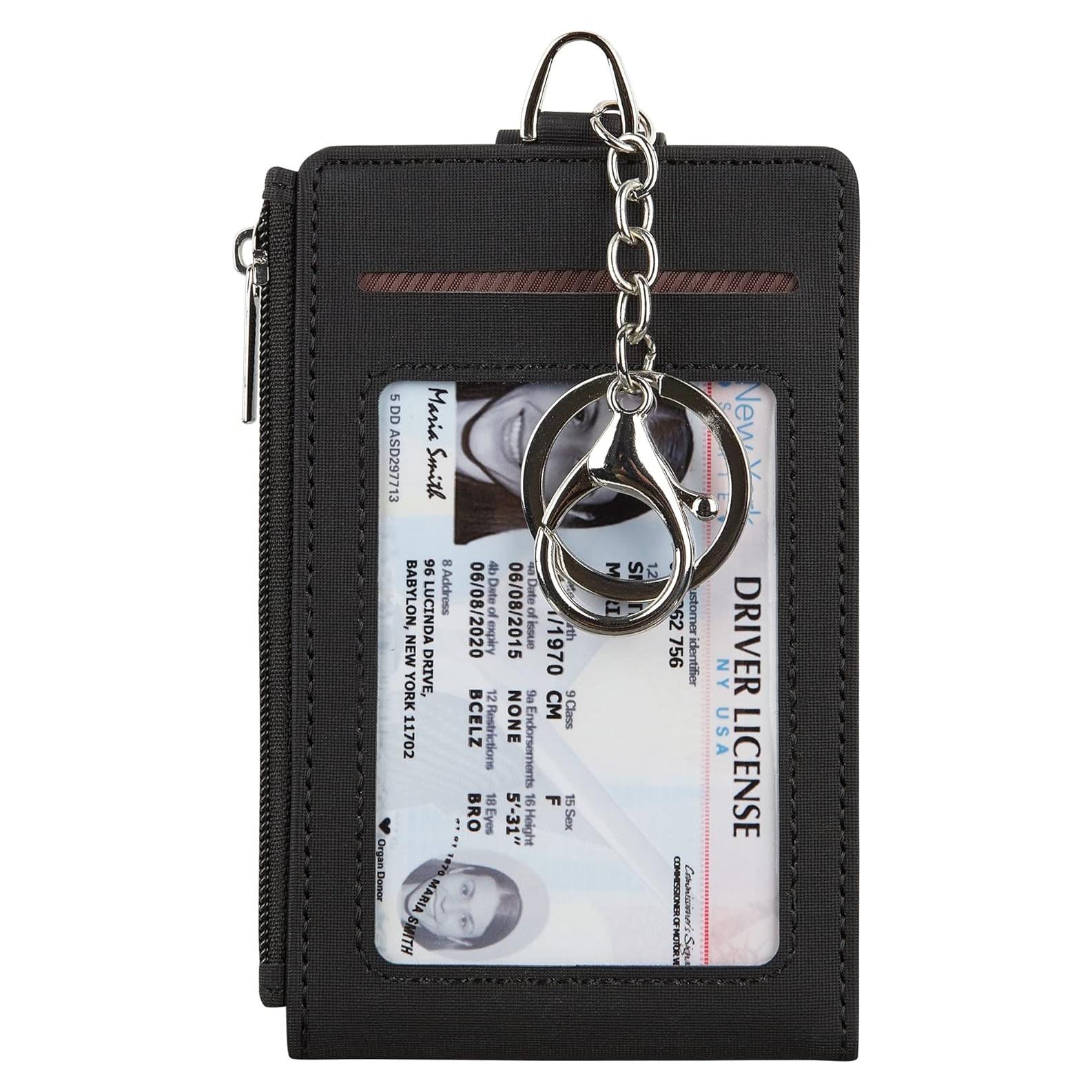 Cartera delgada minimalista Cynure negra con cremallera y llavero